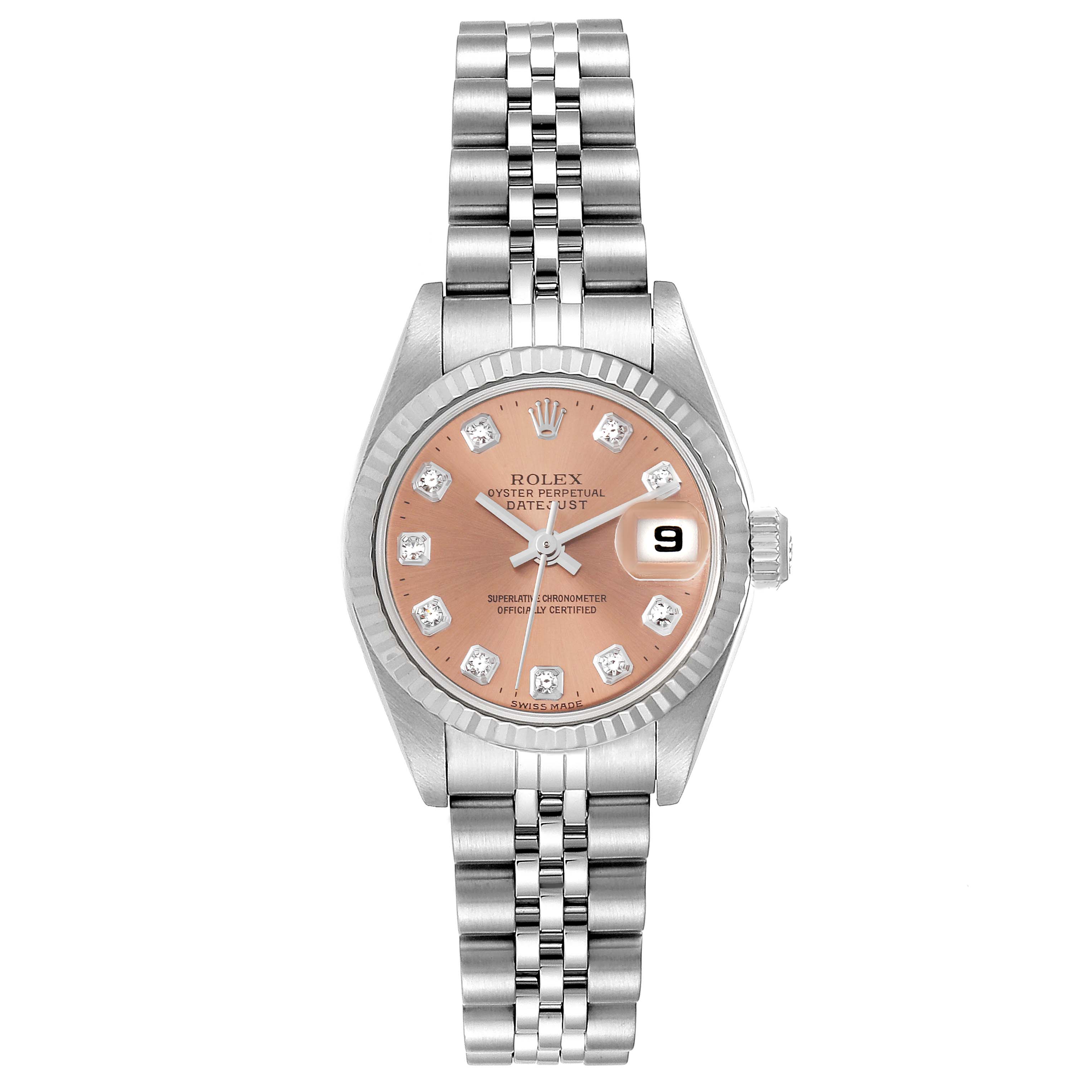 The Rolex Datejust 79174 Women
s Stainless Steel Pink Dial 79174 Women
s Stainless Steel Pink Dial watch is shown from the front, displaying its face, bezel, and stainless steel bracelet.