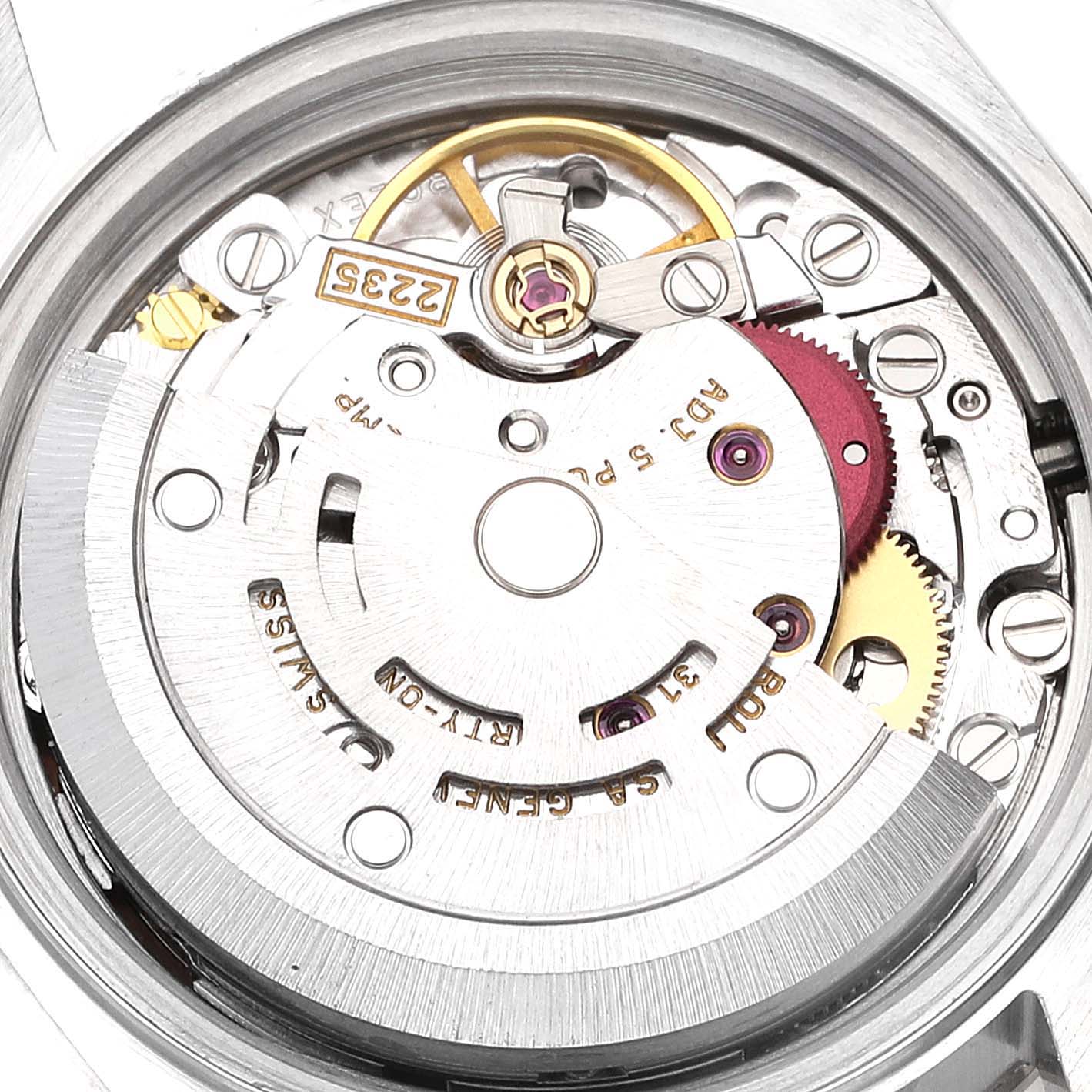 This image shows the intricate internal mechanism of the Rolex Datejust 79174 Women
s Stainless Steel Pink Dial 79174 Women
s Stainless Steel Pink Dial watch, viewed from the backside.