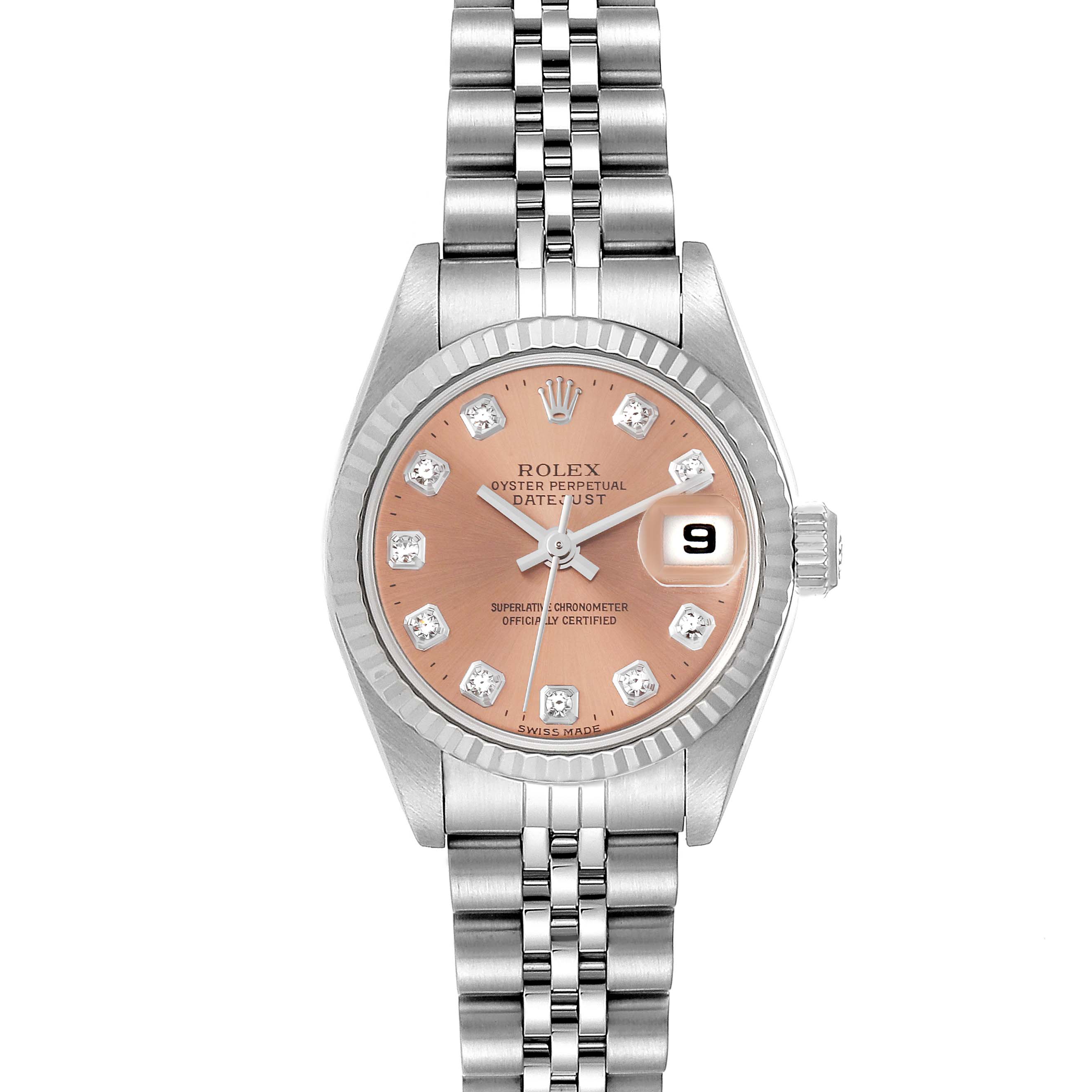 The image shows a frontal view of a Rolex Datejust 79174 Women
s Stainless Steel Pink Dial 79174 Women
s Stainless Steel Pink Dial watch, showcasing its dial, bezel, and bracelet.