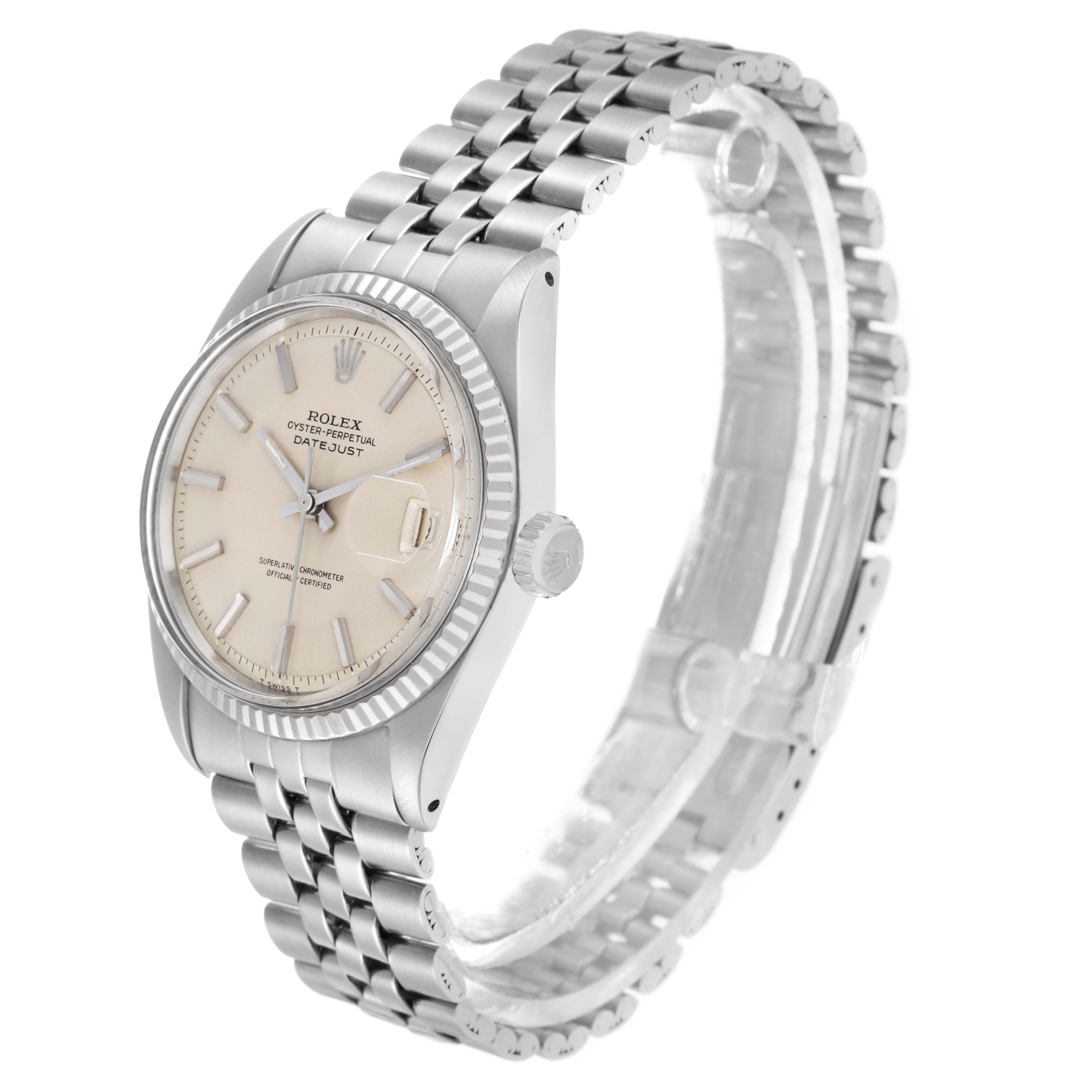 The Rolex Vintage Collection 1601 Men
s Stainless Steel Silver Dial watch is shown at a three-quarter angle, highlighting the face, bezel, crown, and Jubilee bracelet.
