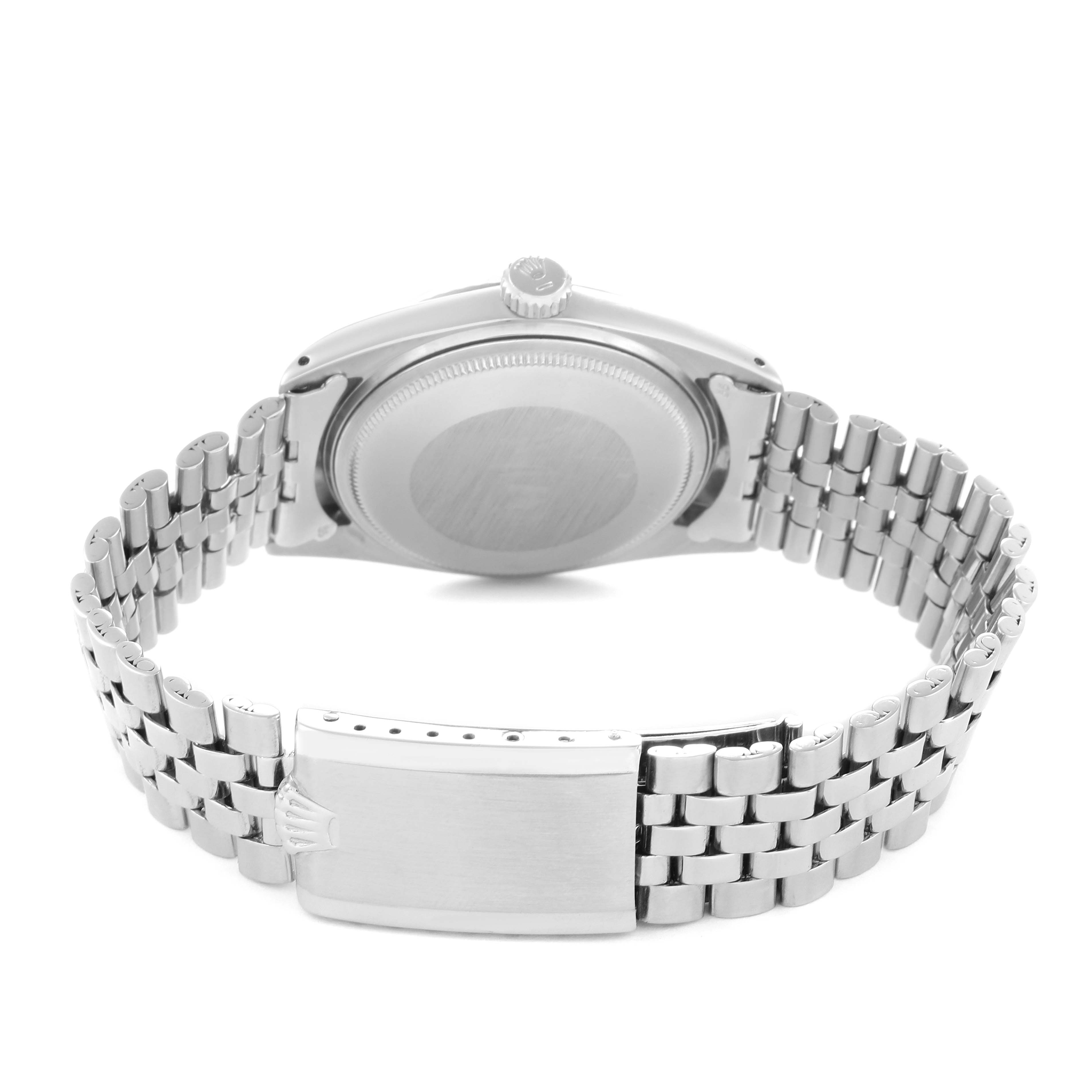 The Rolex Vintage Collection 1601 Men
s Stainless Steel Silver Dial watch is shown from the back, highlighting the case back, crown, and Jubilee bracelet with clasp.