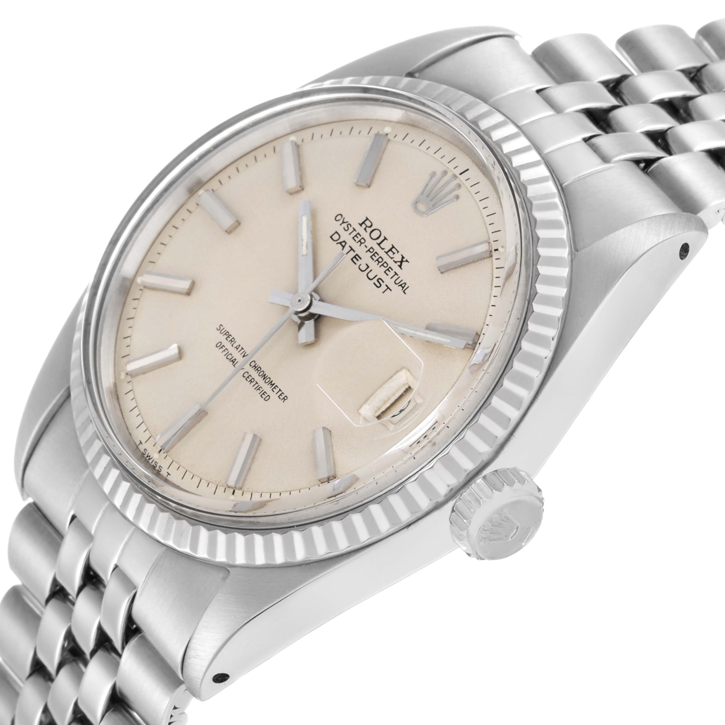 The Rolex Vintage Collection 1601 Men
s Stainless Steel Silver Dial model is shown from an angled side view, displaying the dial, bezel, crown, and part of the bracelet.