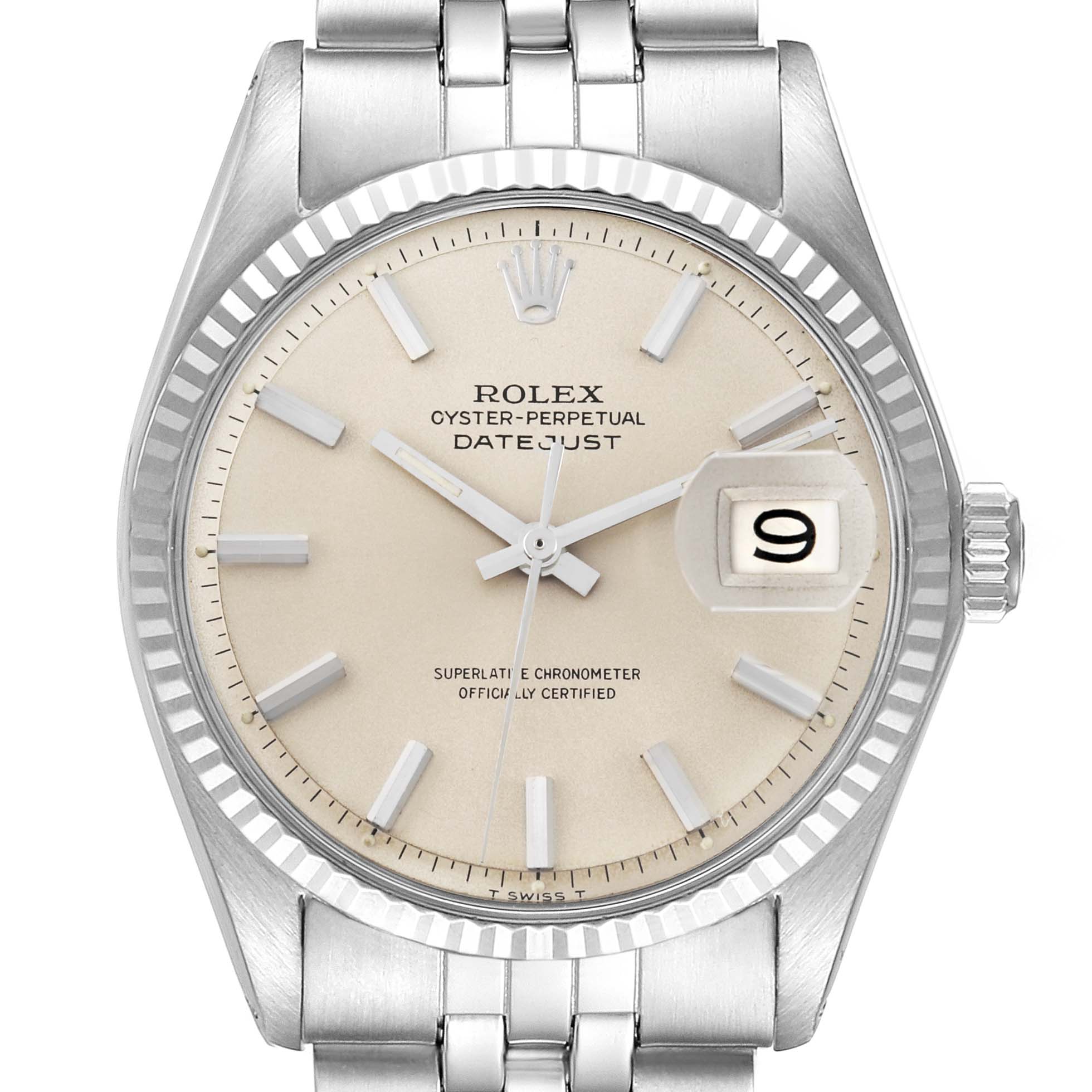 The Rolex Vintage Collection 1601 Men
s Stainless Steel Silver Dial watch is shown from a frontal angle, highlighting the dial, bezel, and bracelet.