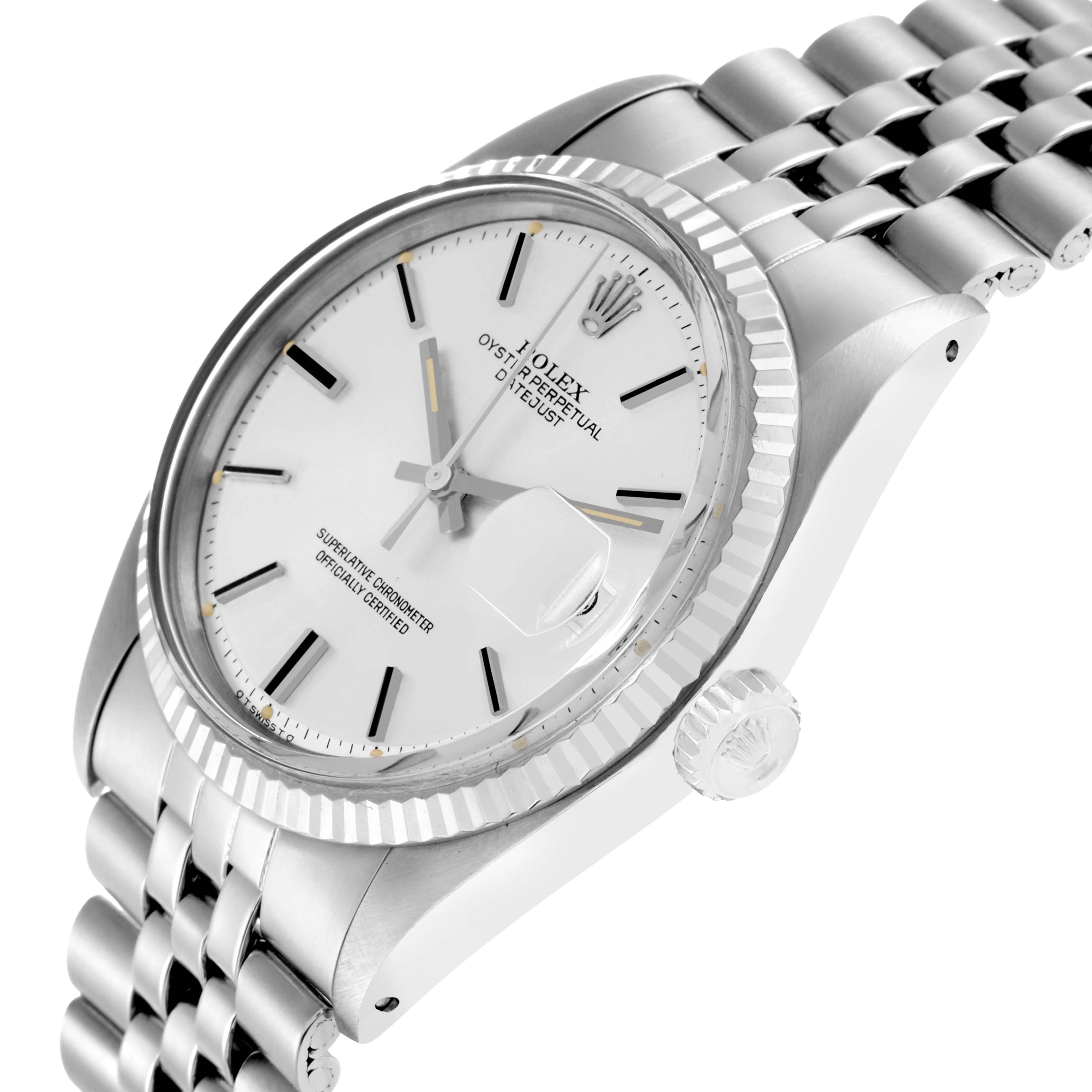 The image shows a Rolex Datejust 1601 Men
s Stainless Steel Silver Dial watch at a side angle, highlighting the dial, fluted bezel, crown, and Jubilee bracelet.