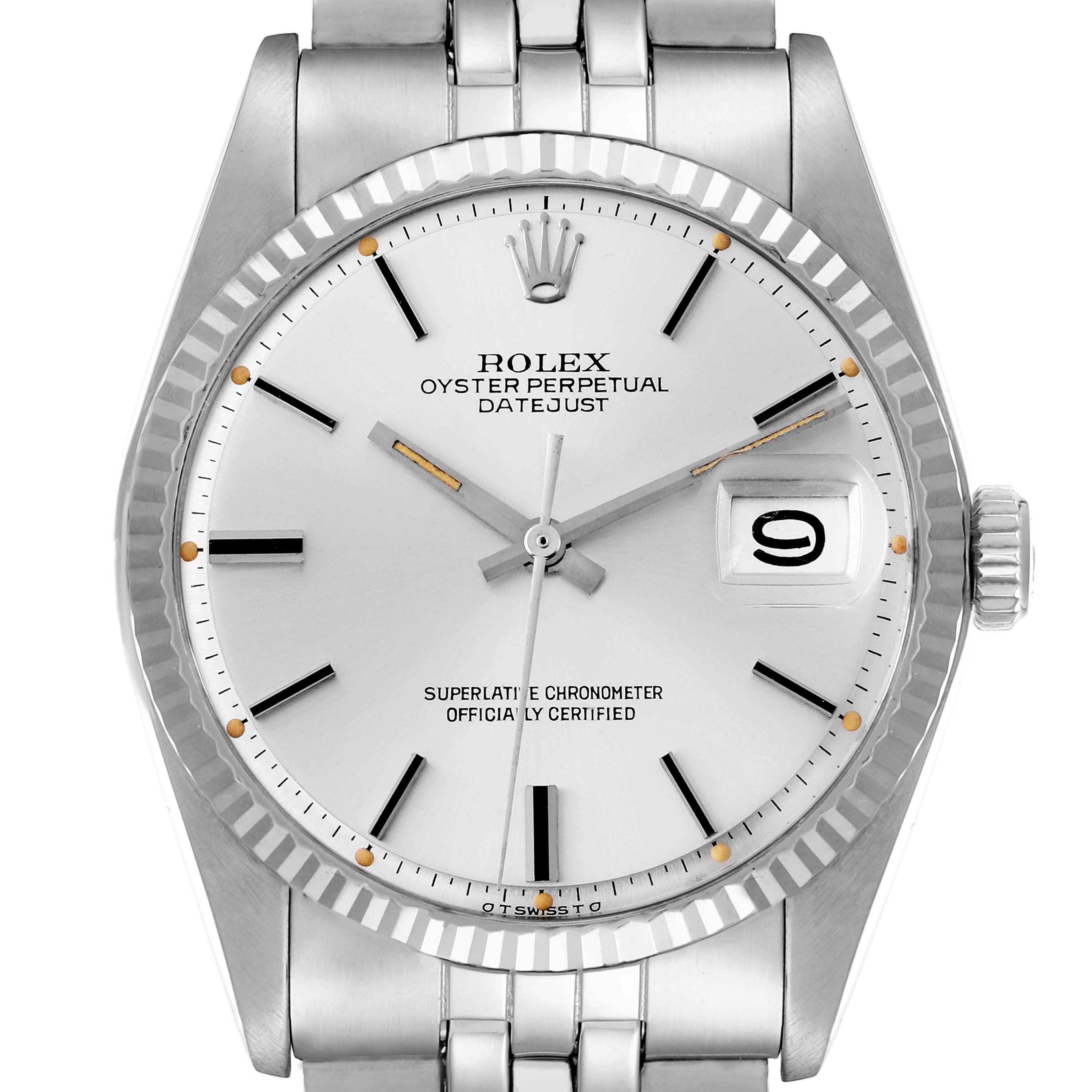 The Rolex Datejust 1601 Men
s Stainless Steel Silver Dial watch is shown from a front angle, displaying the face, bezel, crown, and part of the bracelet.
