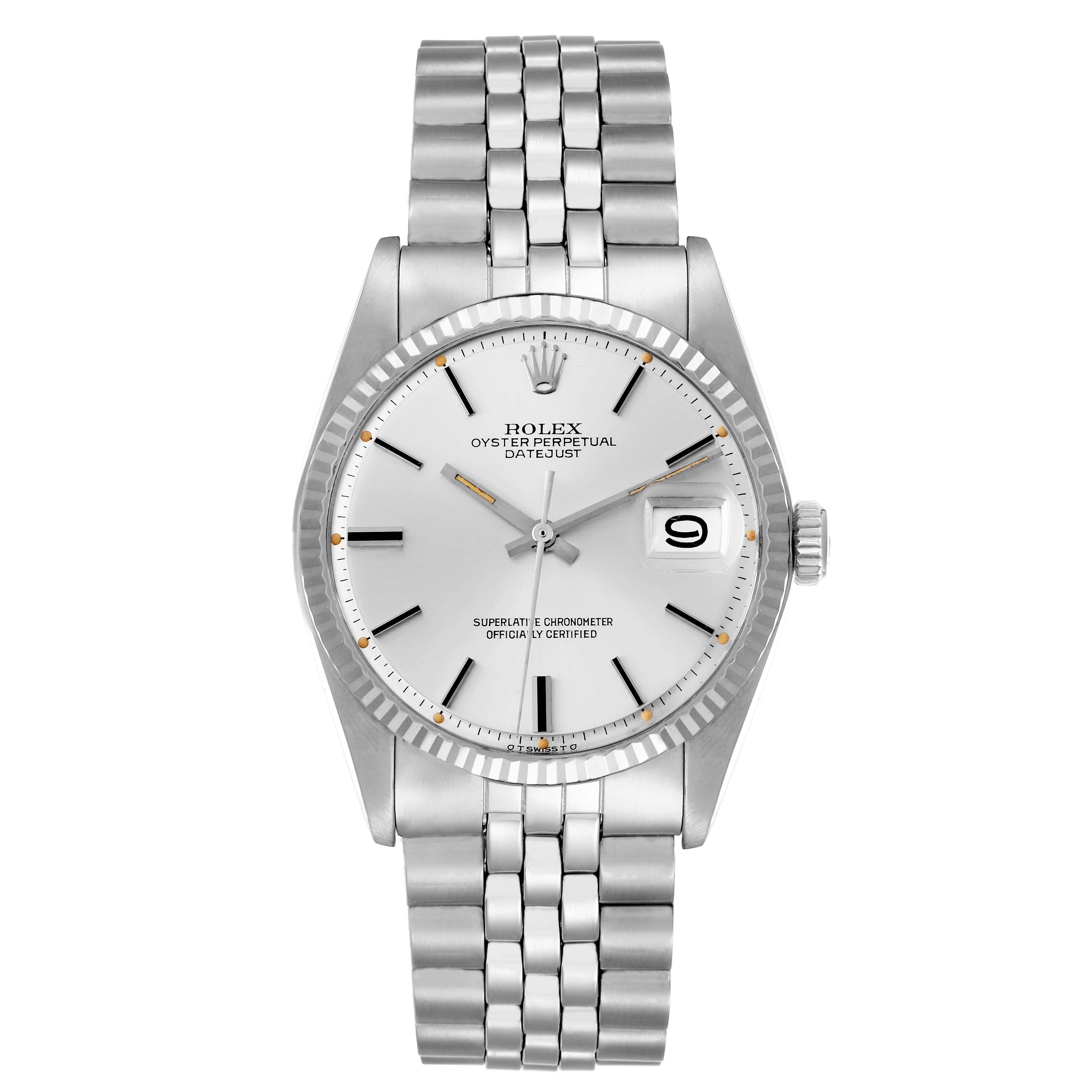 The Rolex Datejust 1601 Men
s Stainless Steel Silver Dial watch is shown from the front, displaying the dial, case, fluted bezel, and Jubilee bracelet.
