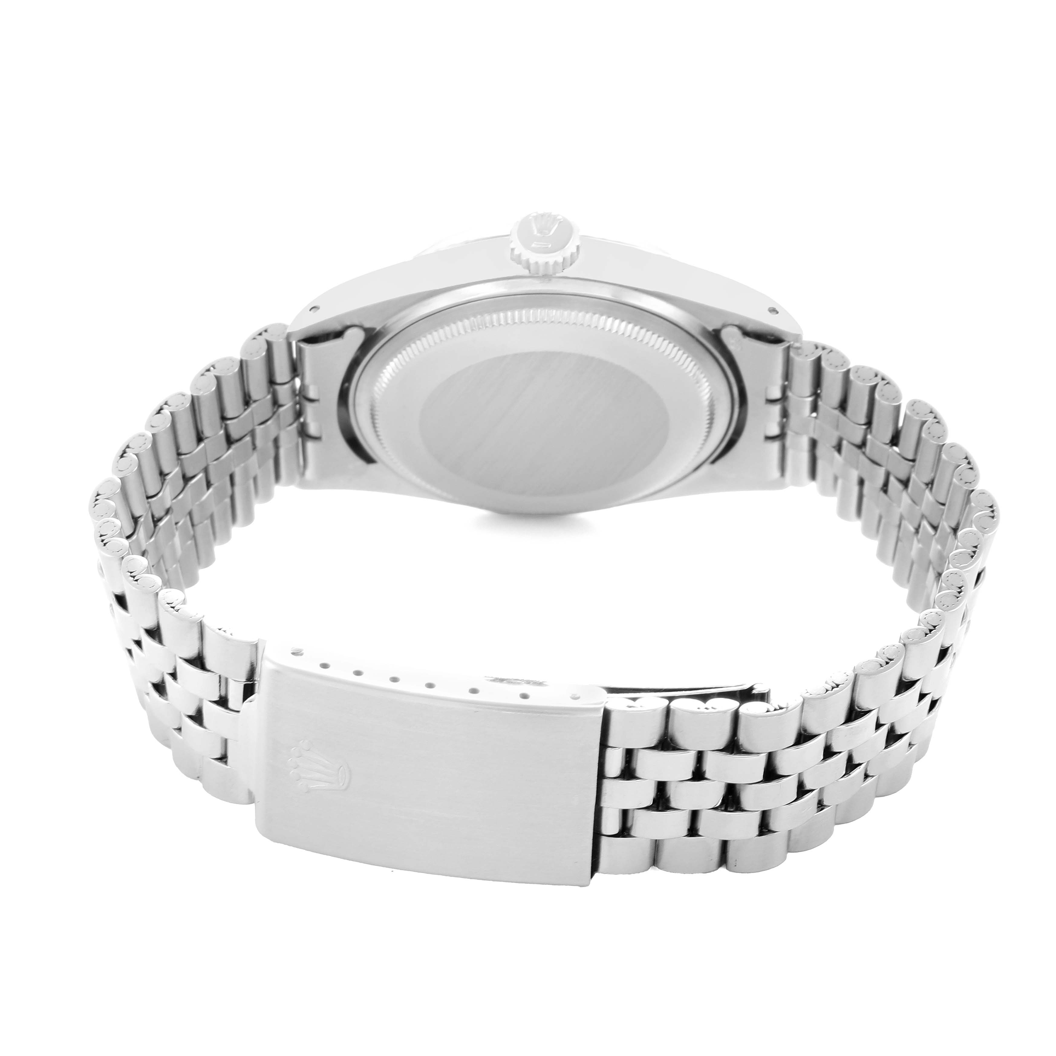 The image shows the back and band of a Rolex Datejust 1601 Men
s Stainless Steel Silver Dial watch, focusing on the clasp and case back.