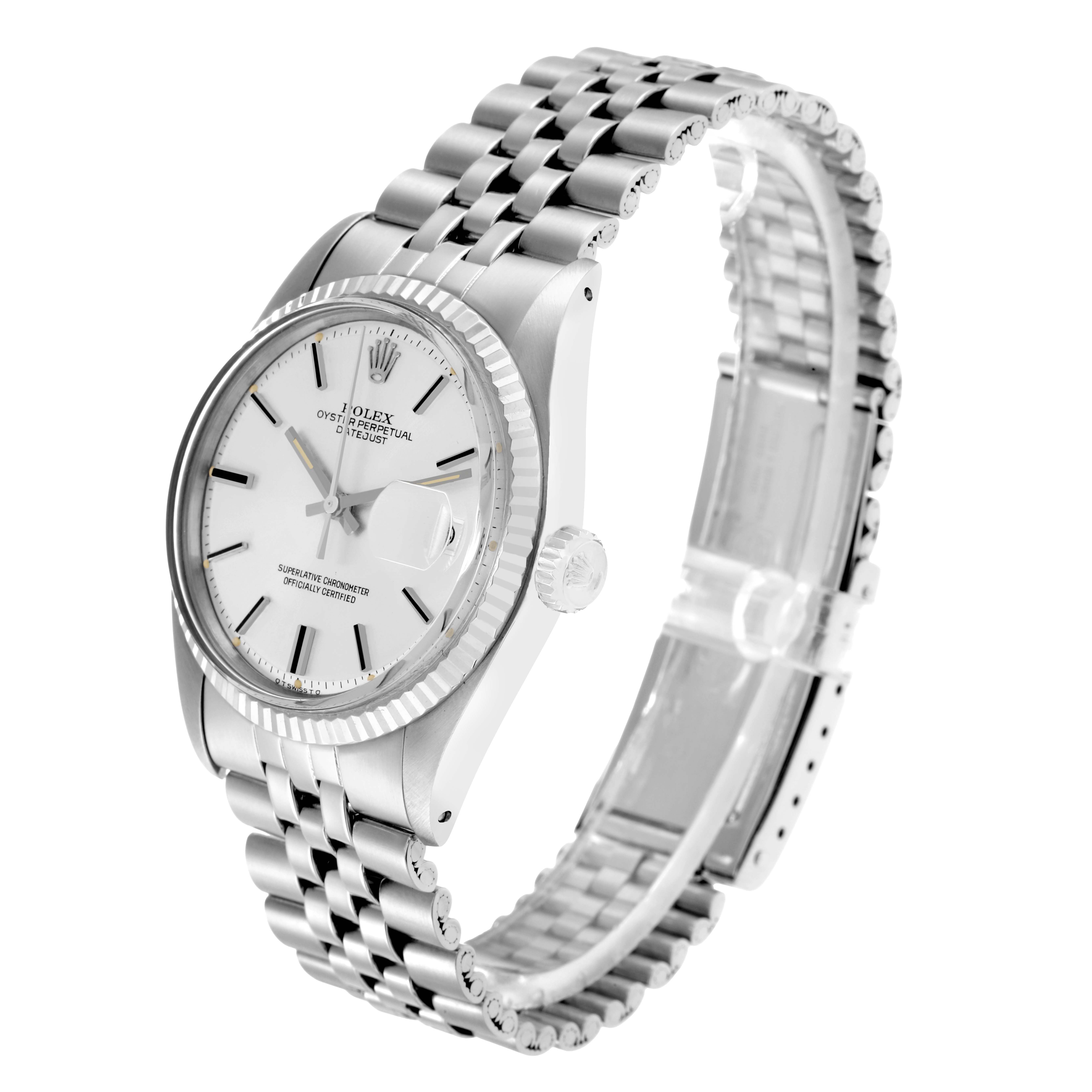 The Rolex Datejust 1601 Men
s Stainless Steel Silver Dial watch is shown at a three-quarter angle, highlighting the face, bezel, crown, and Jubilee bracelet.