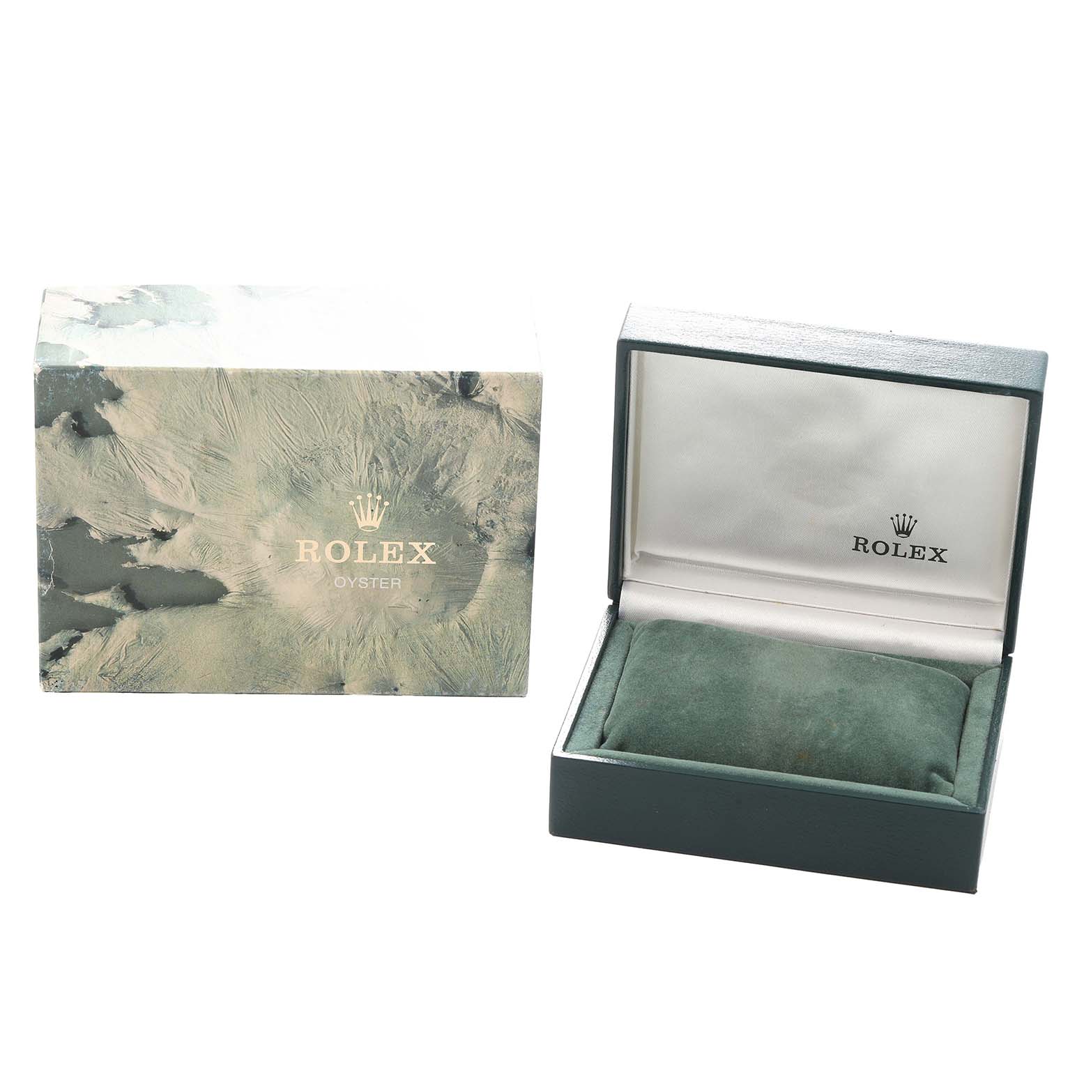 The image shows the packaging and box for the Rolex Datejust 1601 Men
s Stainless Steel Silver Dial, with a closed outer box and an open inner box with a cushion.