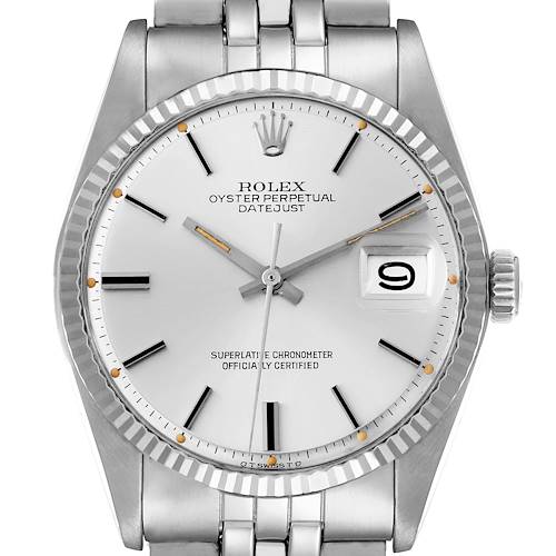 The image shows a front view of the Rolex Datejust model 1601 men's watch, highlighting its dial, fluted bezel, crown, and bracelet links.