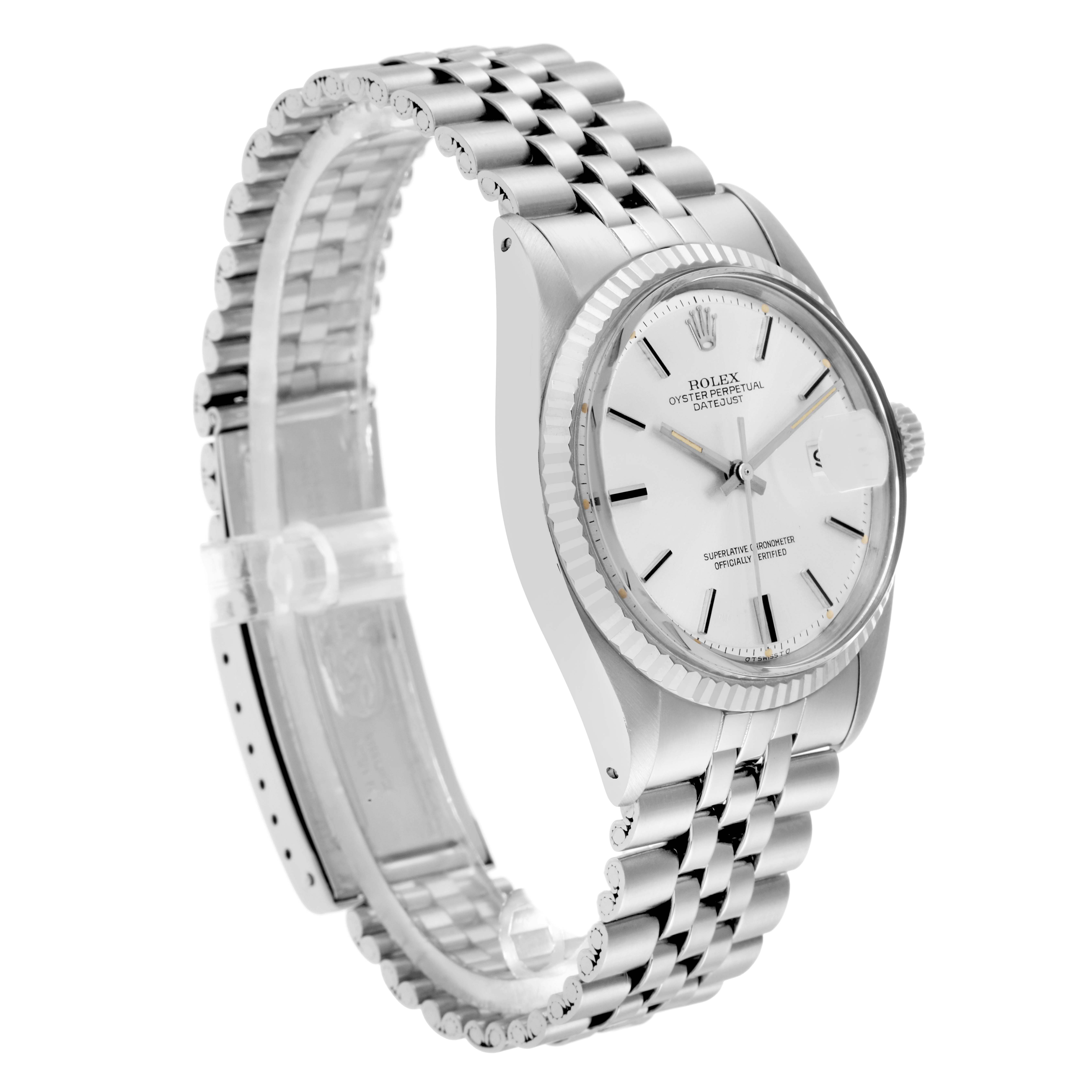 The Rolex Datejust 1601 Men
s Stainless Steel Silver Dial is shown at a three-quarter angle, revealing the dial, bezel, and bracelet design.