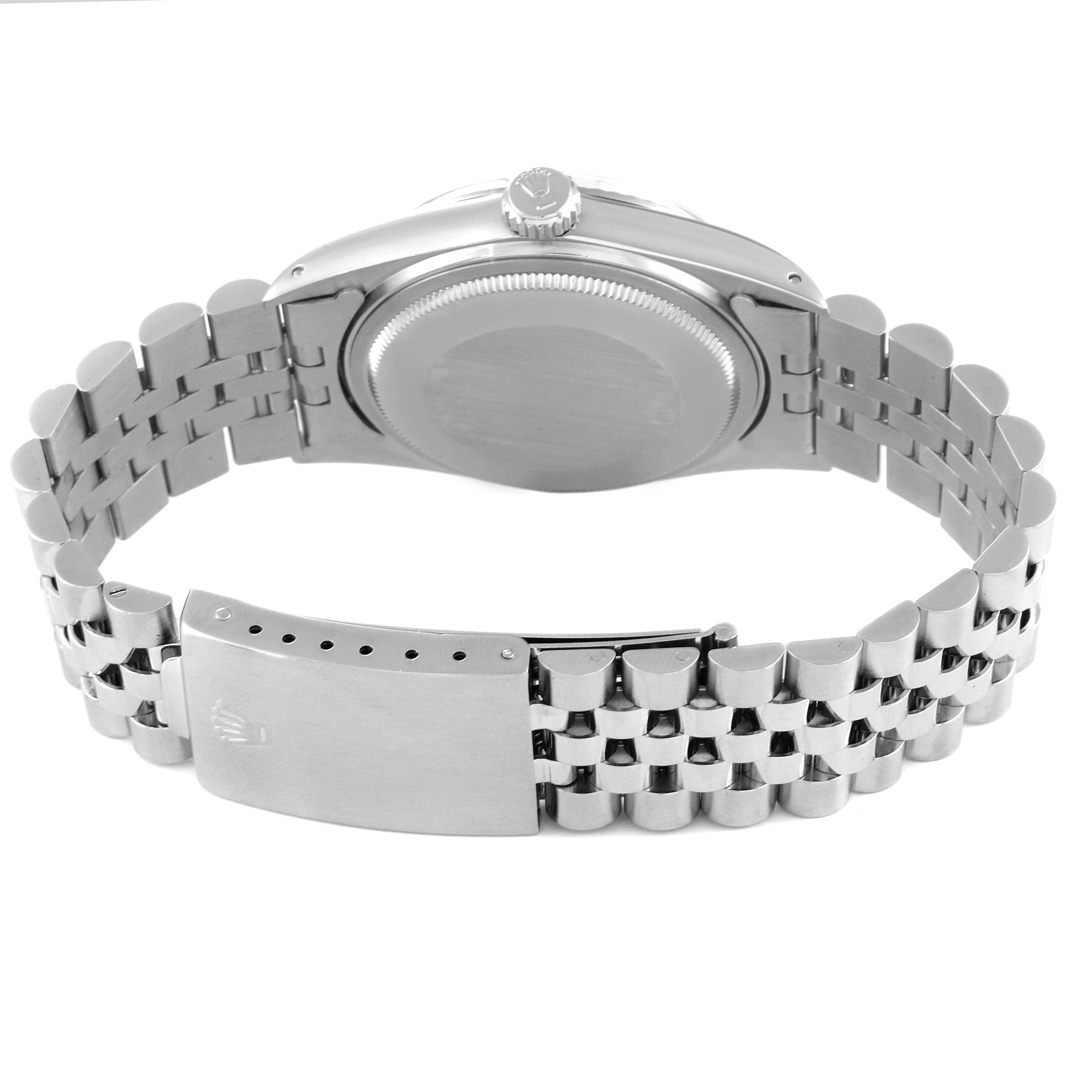 The image shows the back of the case, bracelet, and clasp of a Rolex Datejust 16014 Men
s Stainless Steel Silver Dial 16014 Men
s Stainless Steel Silver Dial watch.