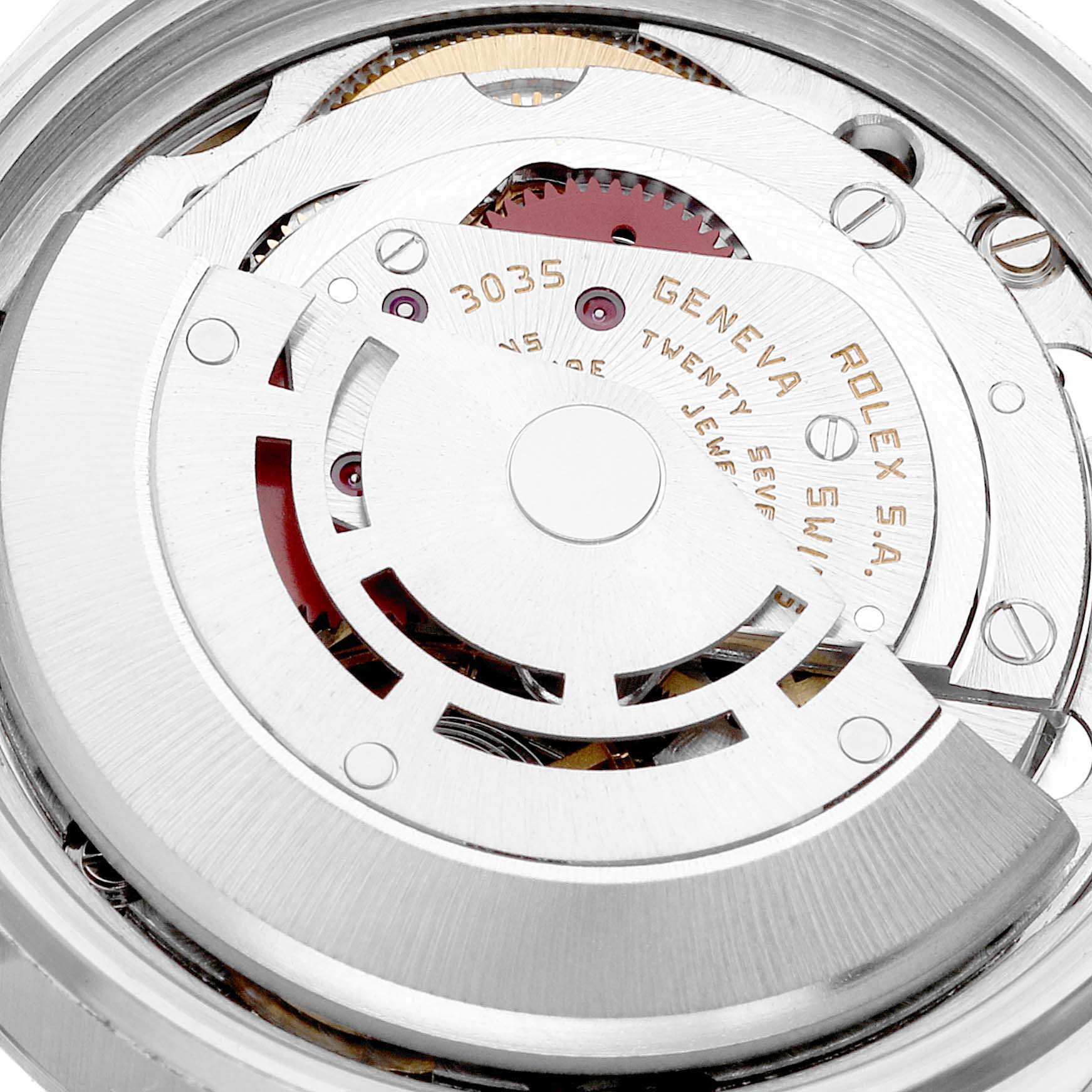 This image shows the movement mechanism of a Rolex Datejust 16014 Men
s Stainless Steel Silver Dial 16014 Men
s Stainless Steel Silver Dial watch, viewed from the back.