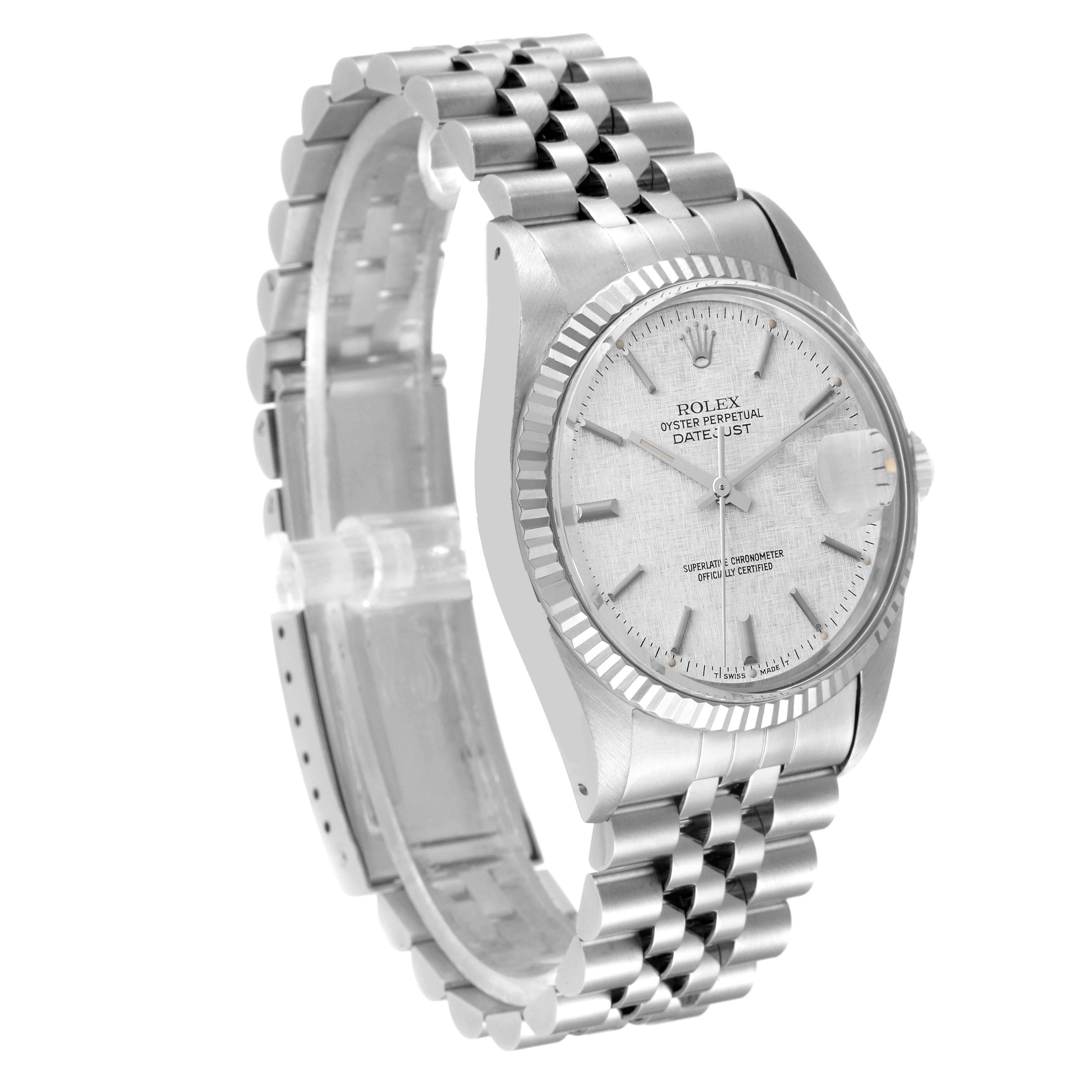 This image shows the Rolex Datejust 16014 Men
s Stainless Steel Silver Dial 16014 Men
s Stainless Steel Silver Dial watch at a three-quarter angle, displaying the face, bezel, and bracelet.