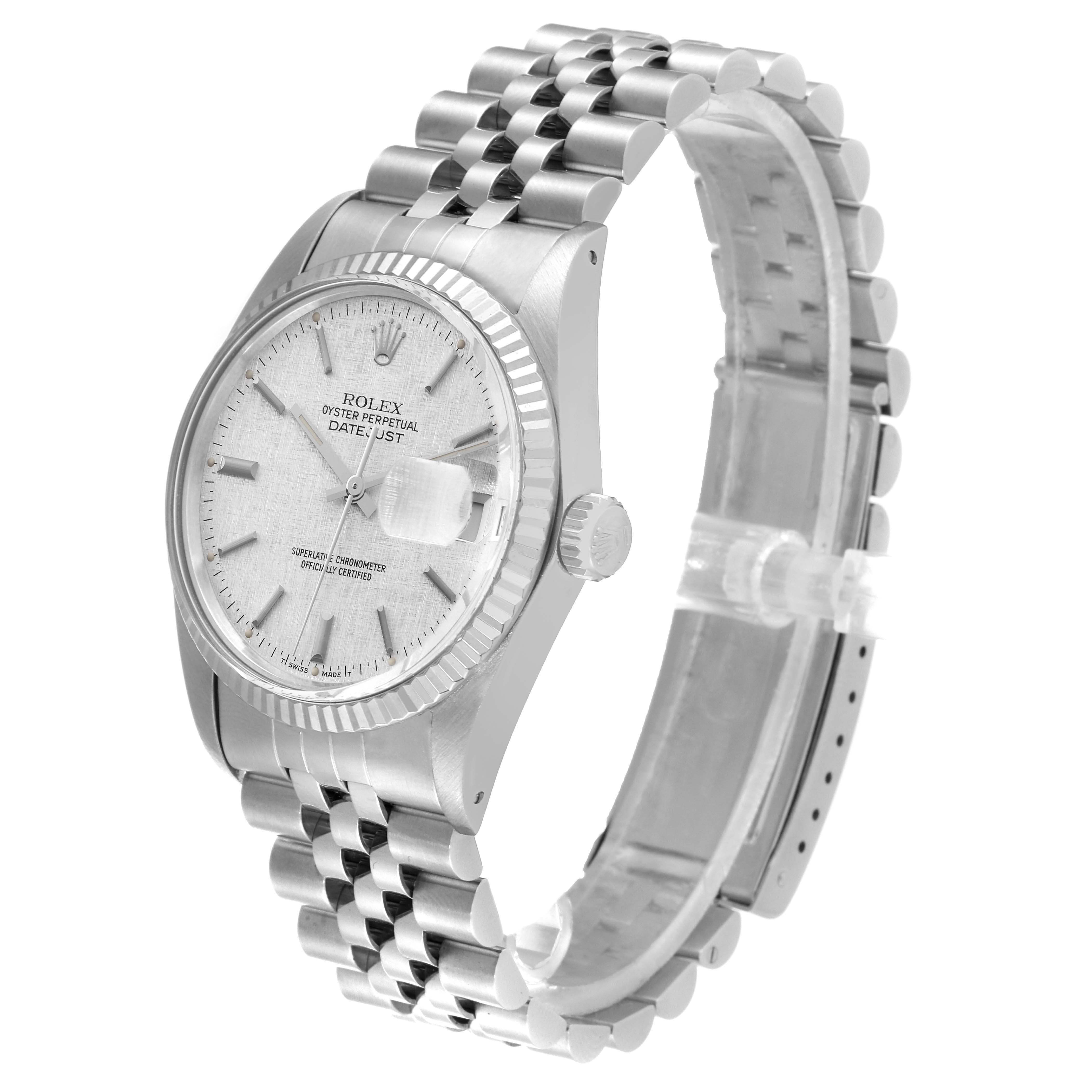 The image shows a Rolex Datejust 16014 Men
s Stainless Steel Silver Dial 16014 Men
s Stainless Steel Silver Dial watch from an angled side view, highlighting its case, bezel, dial, and bracelet.