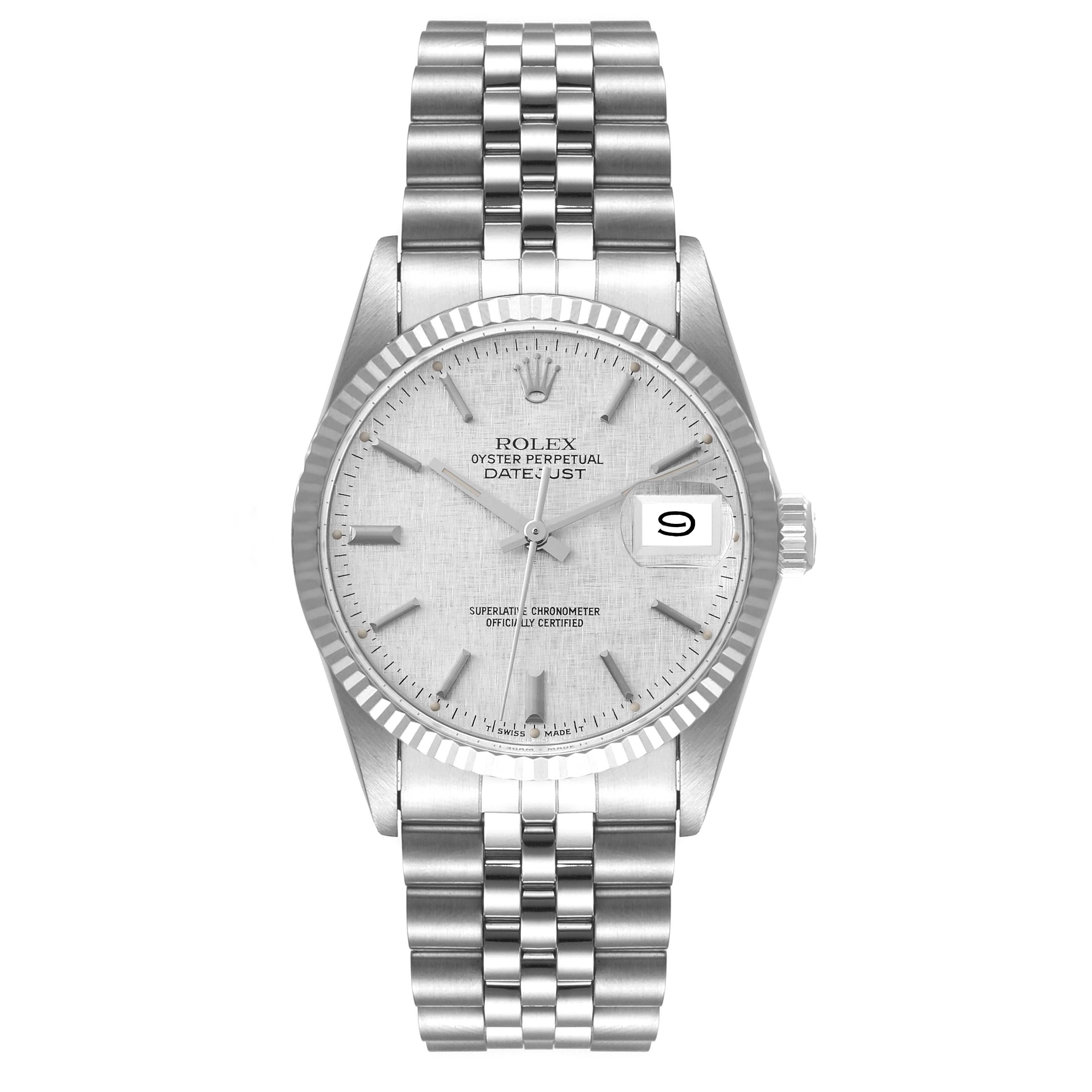 This image shows a front view of a Rolex Datejust 16014 Men
s Stainless Steel Silver Dial 16014 Men
s Stainless Steel Silver Dial watch, highlighting its dial, bezel, and Jubilee bracelet.