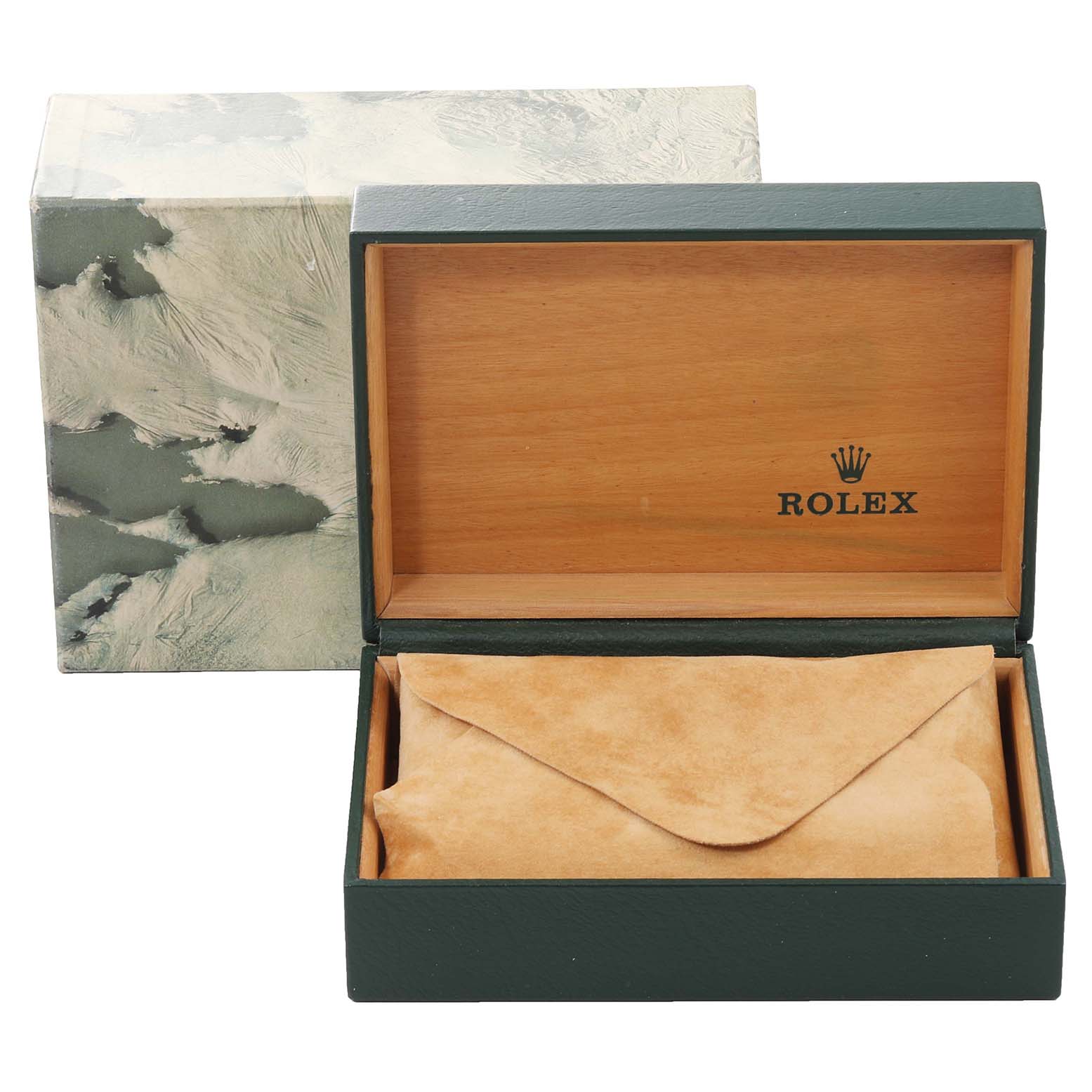 The image shows the open box and pouch for a Rolex Datejust 16014 Men
s Stainless Steel Silver Dial 16014 Men
s Stainless Steel Silver Dial watch, with the logo visible inside the box.