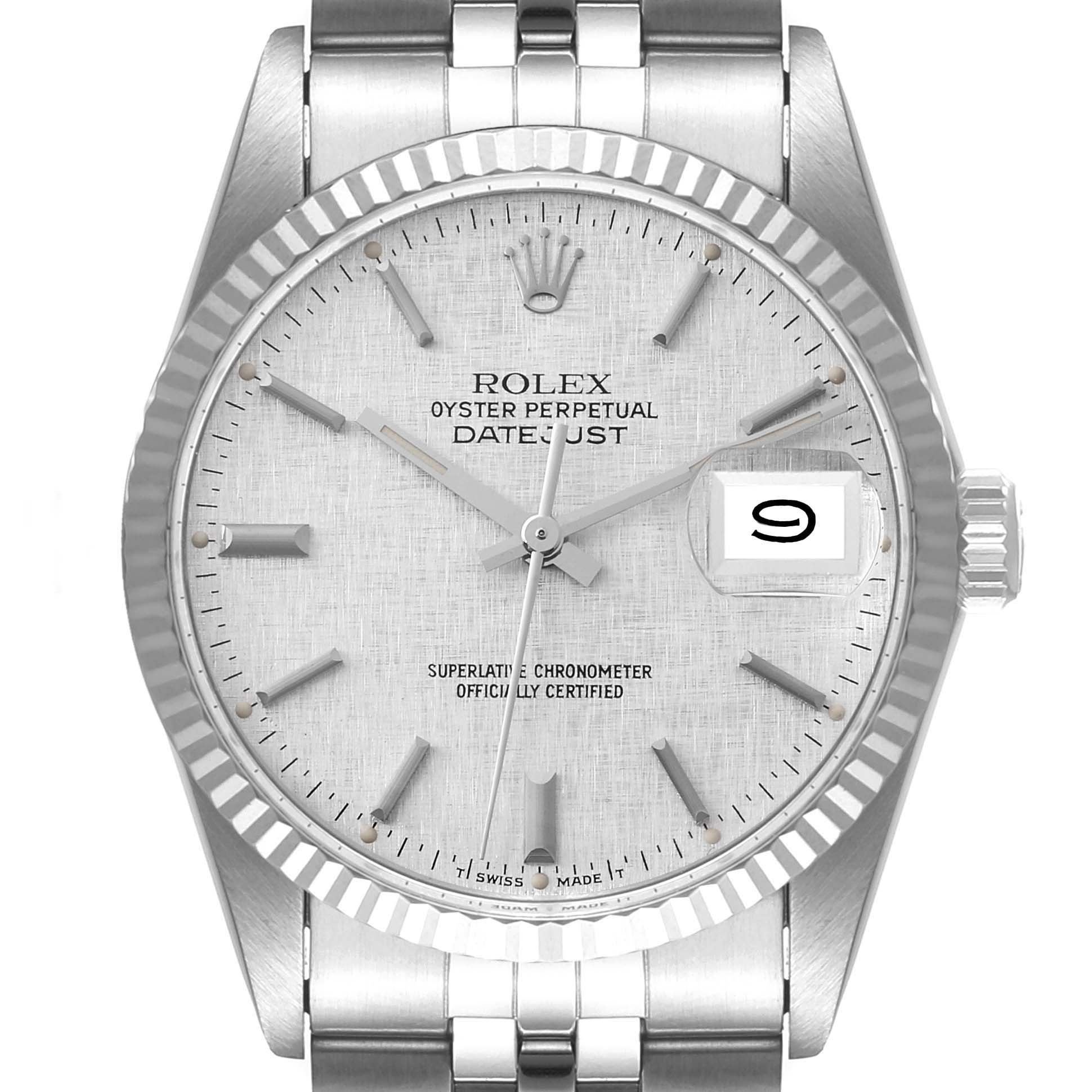 This image shows a close-up frontal view of the Rolex Datejust 16014 Men
s Stainless Steel Silver Dial 16014 Men
s Stainless Steel Silver Dial watch, highlighting the face, bezel, crown, and part of the bracelet.