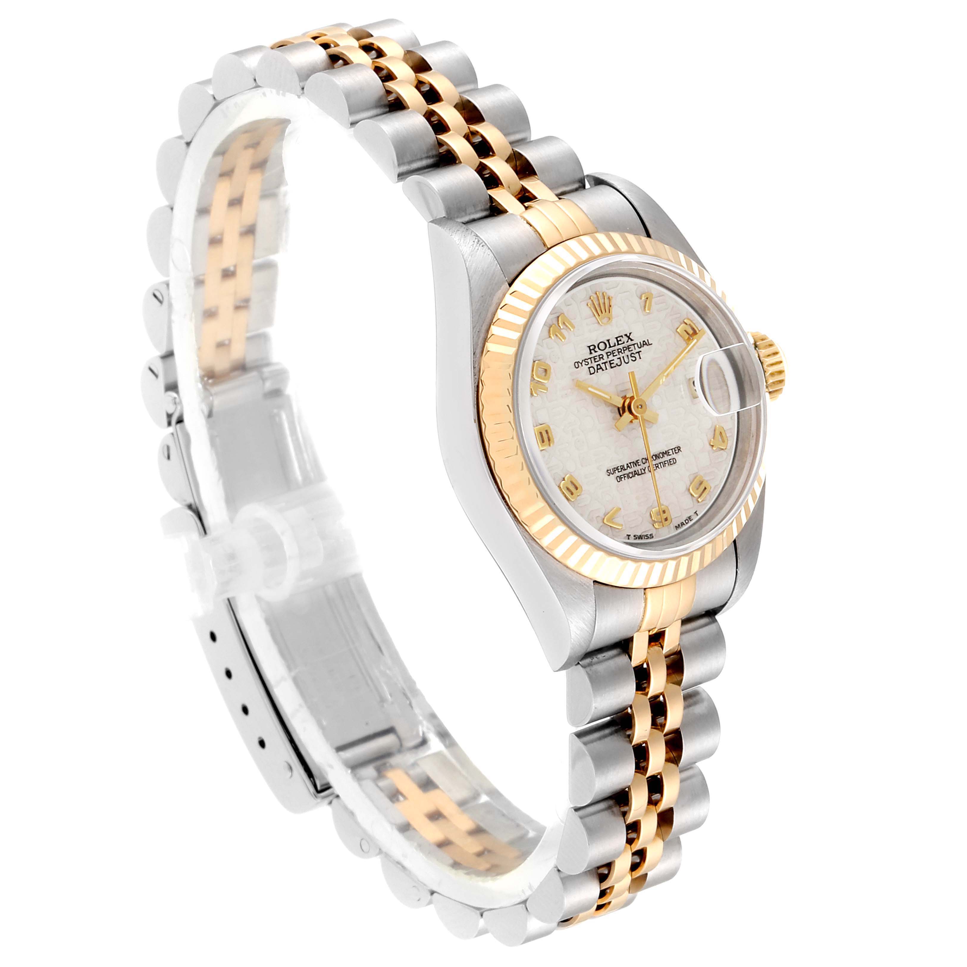 The image shows a Rolex Datejust 69173 Women's Steel and Gold (two tone) Beige Dial 69173 Women's Steel and Gold (two tone) Beige Dial watch at a three-quarters angle, highlighting the case, bezel, dial, and bracelet.