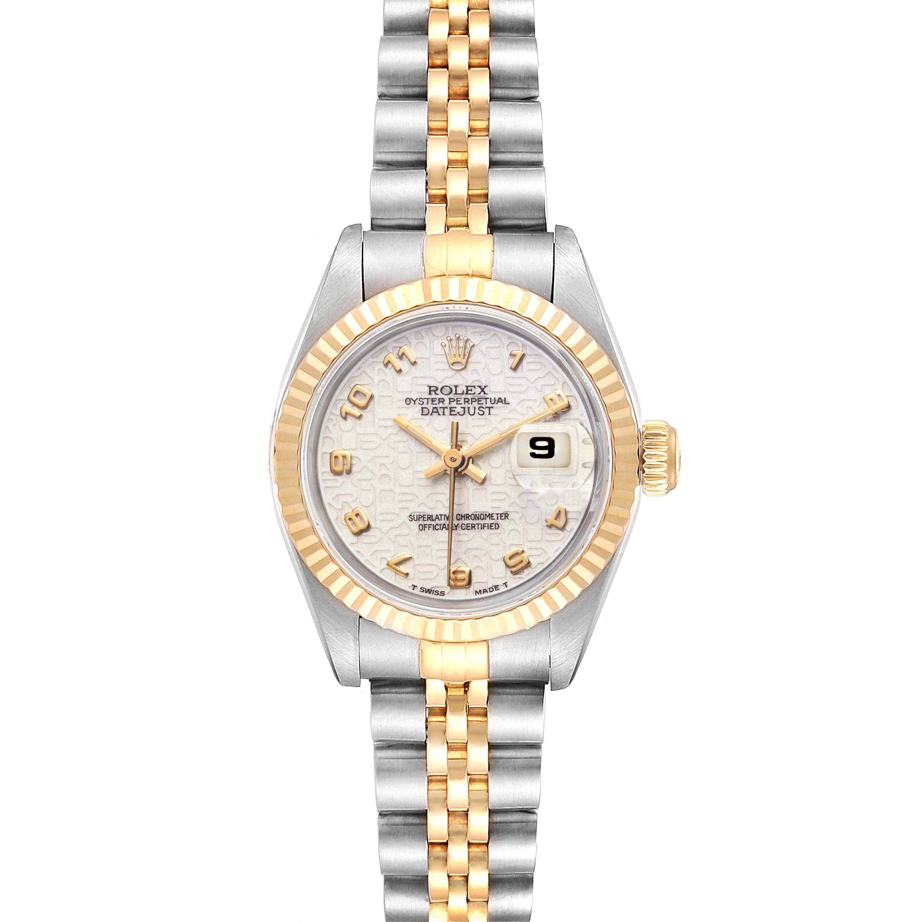 The image shows a front view of a Rolex Datejust 69173 Women's Steel and Gold (two tone) Beige Dial 69173 Women's Steel and Gold (two tone) Beige Dial watch, highlighting the dial, bezel, and bracelet.