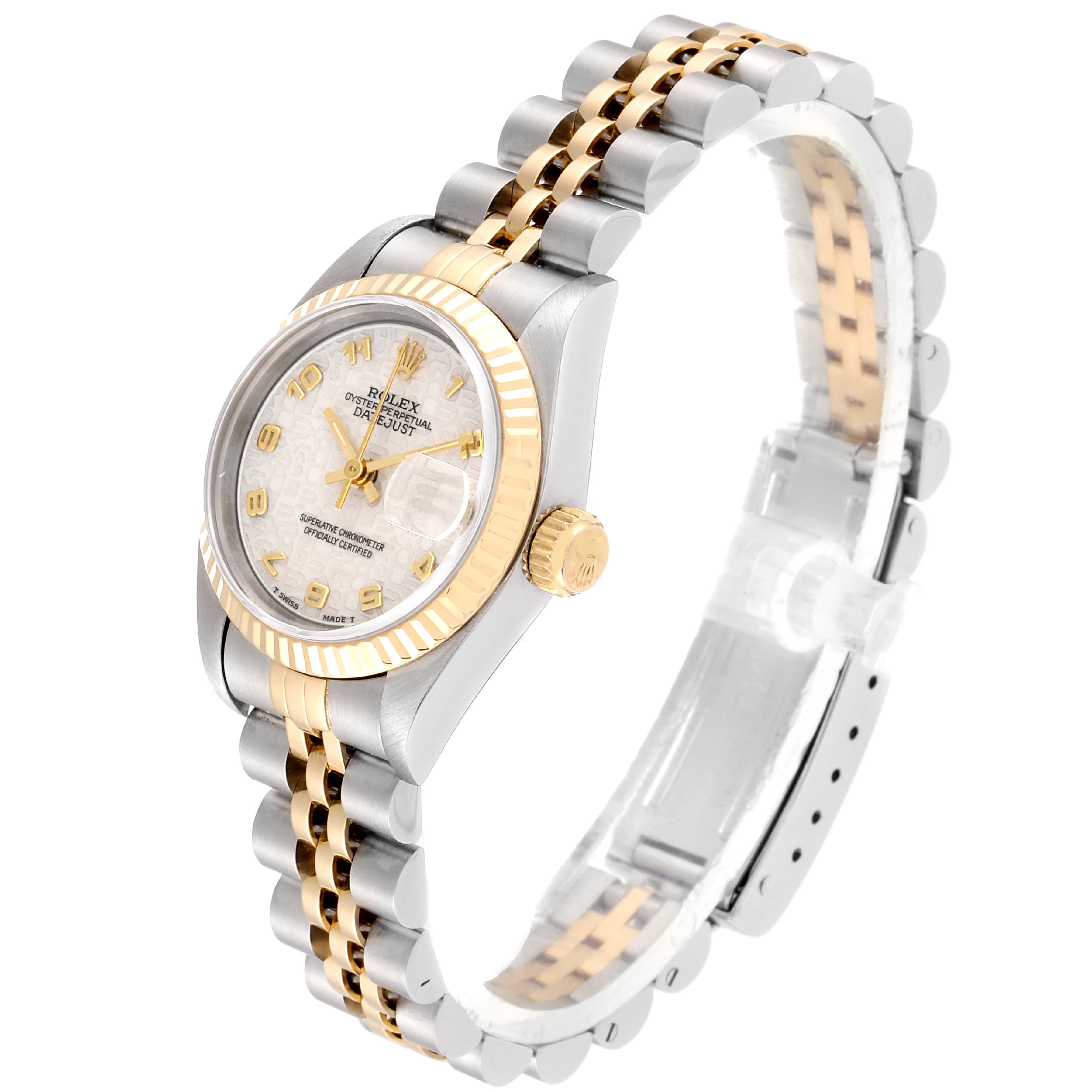 This image shows a Rolex Datejust 69173 Women's Steel and Gold (two tone) Beige Dial 69173 Women's Steel and Gold (two tone) Beige Dial watch from an angled side view, highlighting the bracelet, crown, and face.