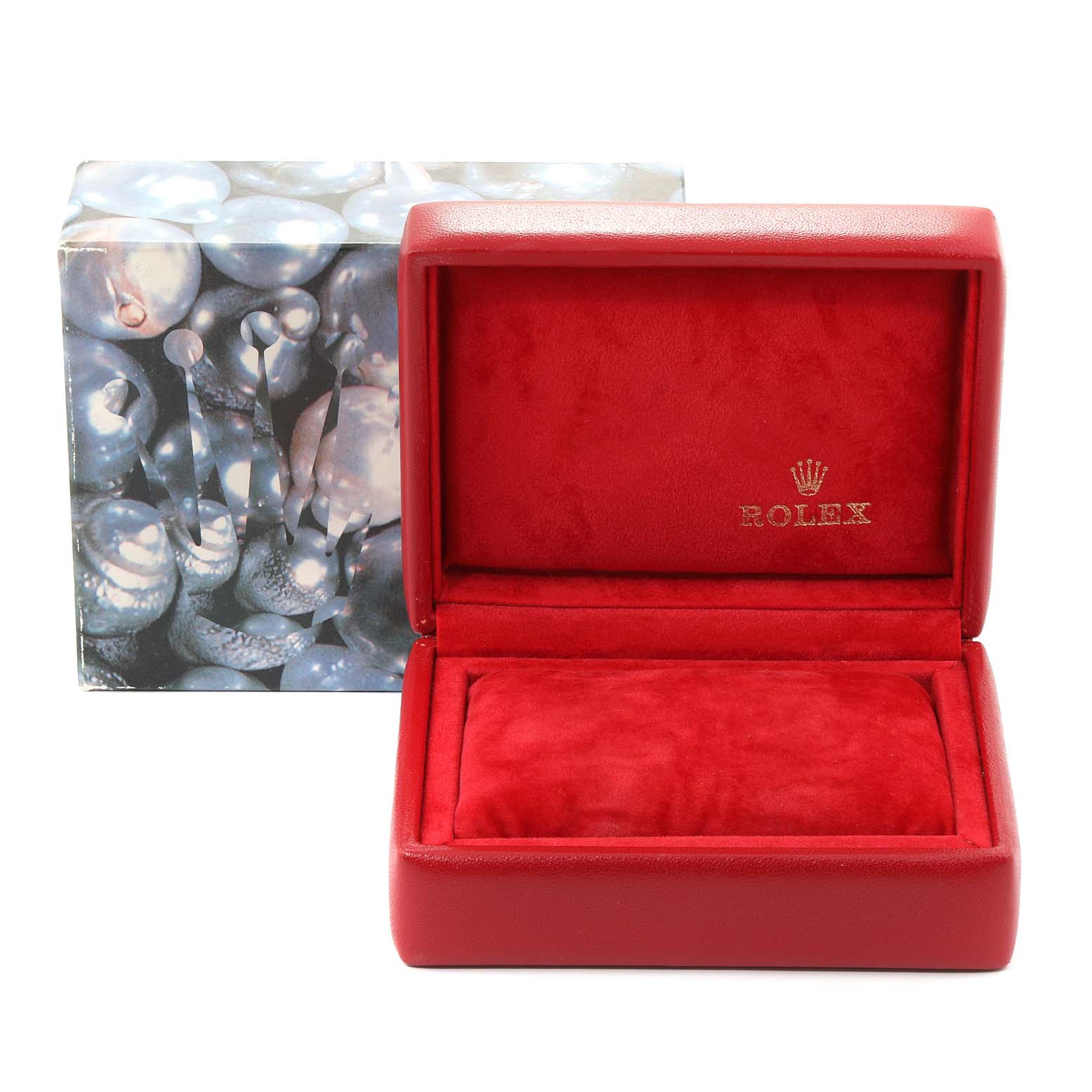 The image shows an open red Rolex watch box for the Datejust model, with a decorative outer box behind it.