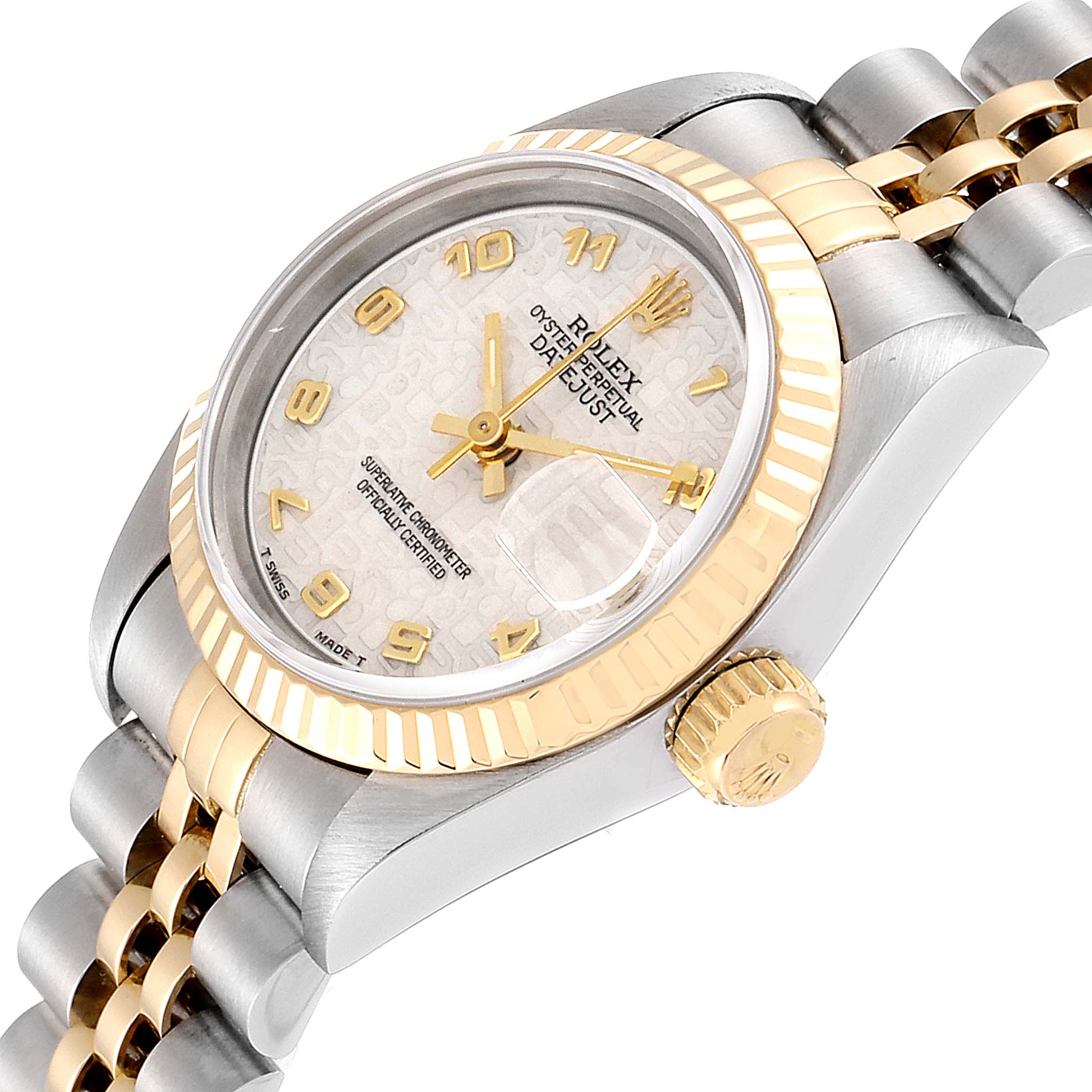This image shows a close-up angled view of the Rolex Datejust 69173 Women's Steel and Gold (two tone) Beige Dial 69173 Women's Steel and Gold (two tone) Beige Dial watch's face, crown, and part of the bracelet.