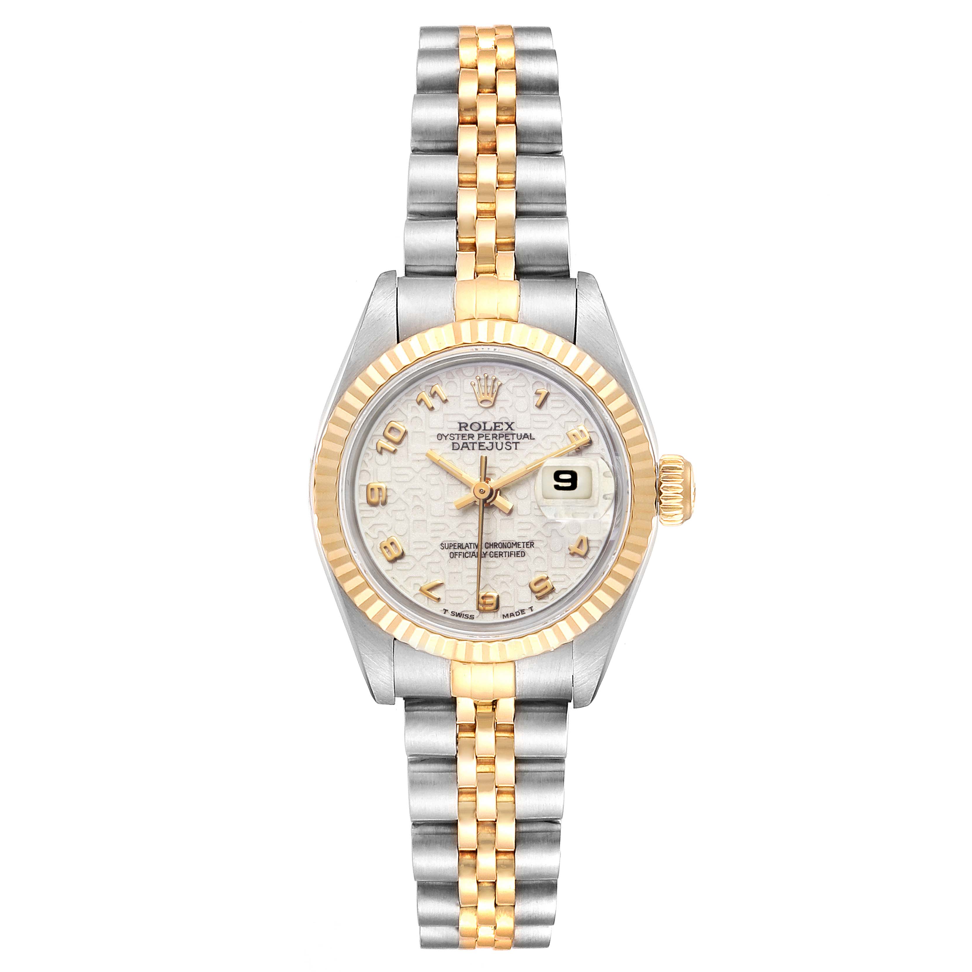 This image shows a frontal view of a Rolex Datejust 69173 Women's Steel and Gold (two tone) Beige Dial 69173 Women's Steel and Gold (two tone) Beige Dial watch, displaying its dial, bezel, crown, and two-tone bracelet.