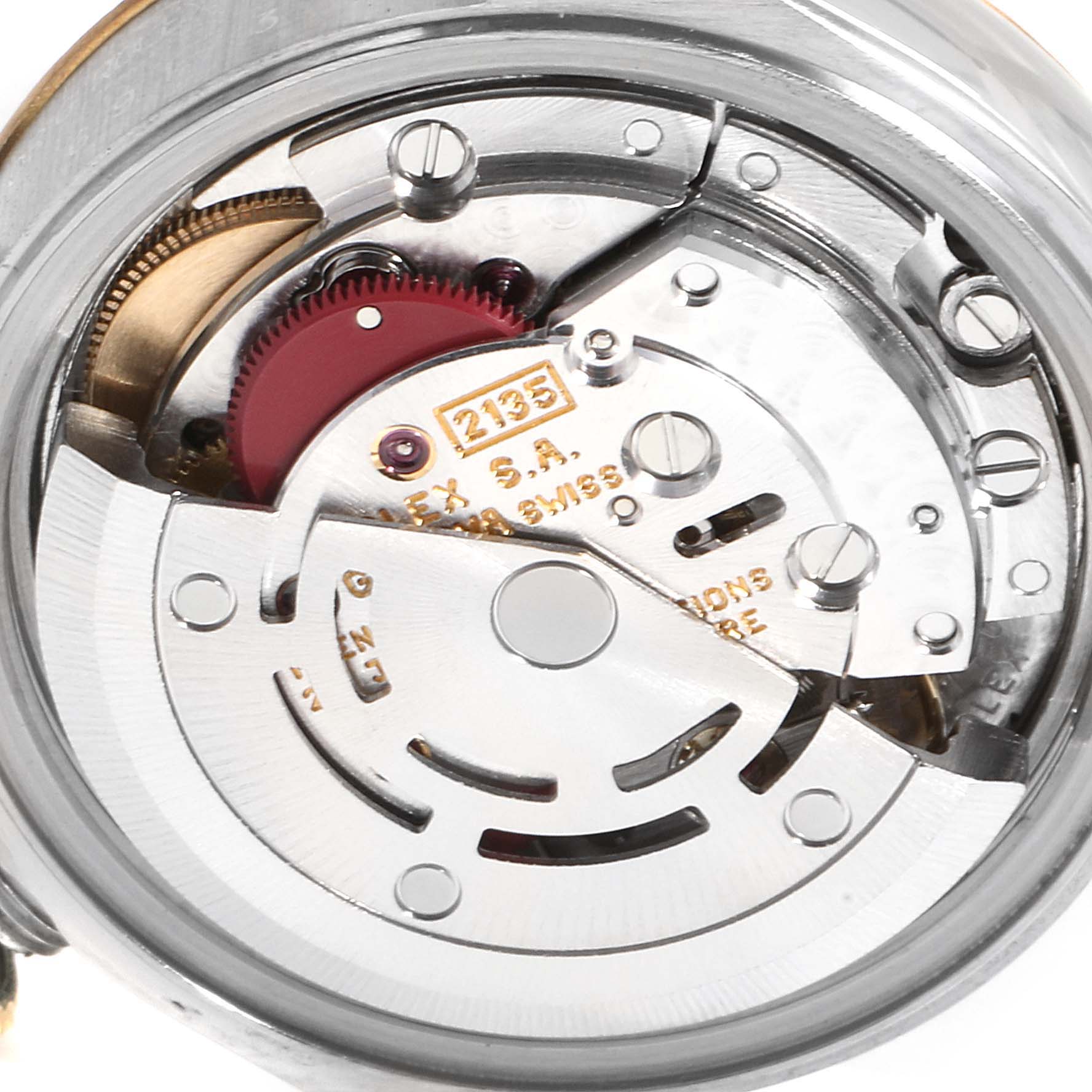 This image shows a detailed view of the movement mechanism of a Rolex Datejust 69173 Women's Steel and Gold (two tone) Beige Dial 69173 Women's Steel and Gold (two tone) Beige Dial model.