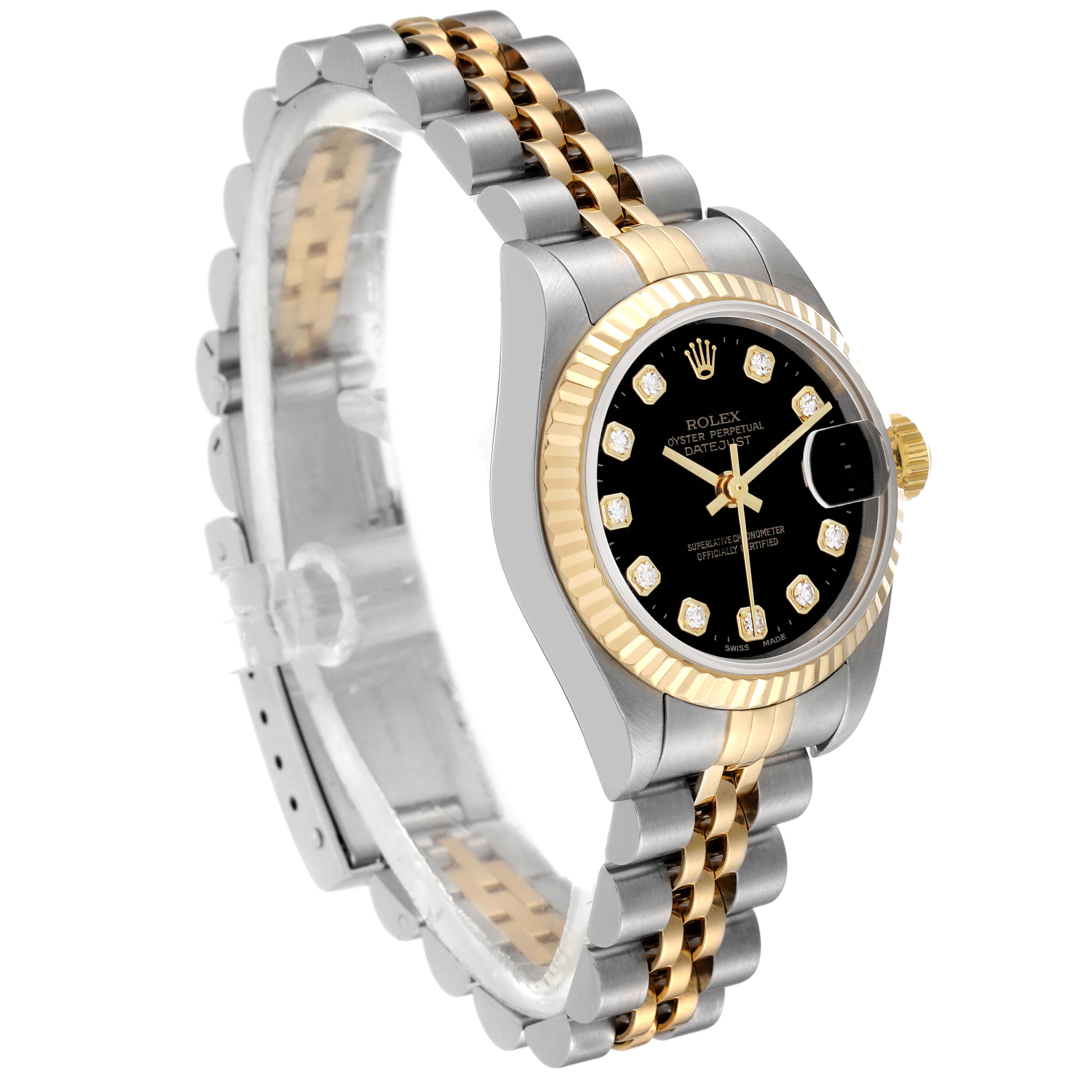The image shows a Rolex Datejust 79173 Women's Steel and Gold (two tone) Black Dial 79173 Women's Steel and Gold (two tone) Black Dial watch at an angled side view, highlighting the two-tone bracelet, black dial, and diamond hour markers.
