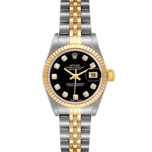 The image shows a front view of a Rolex Datejust watch featuring a black dial with diamond markers, a date window, and a two-tone bracelet.