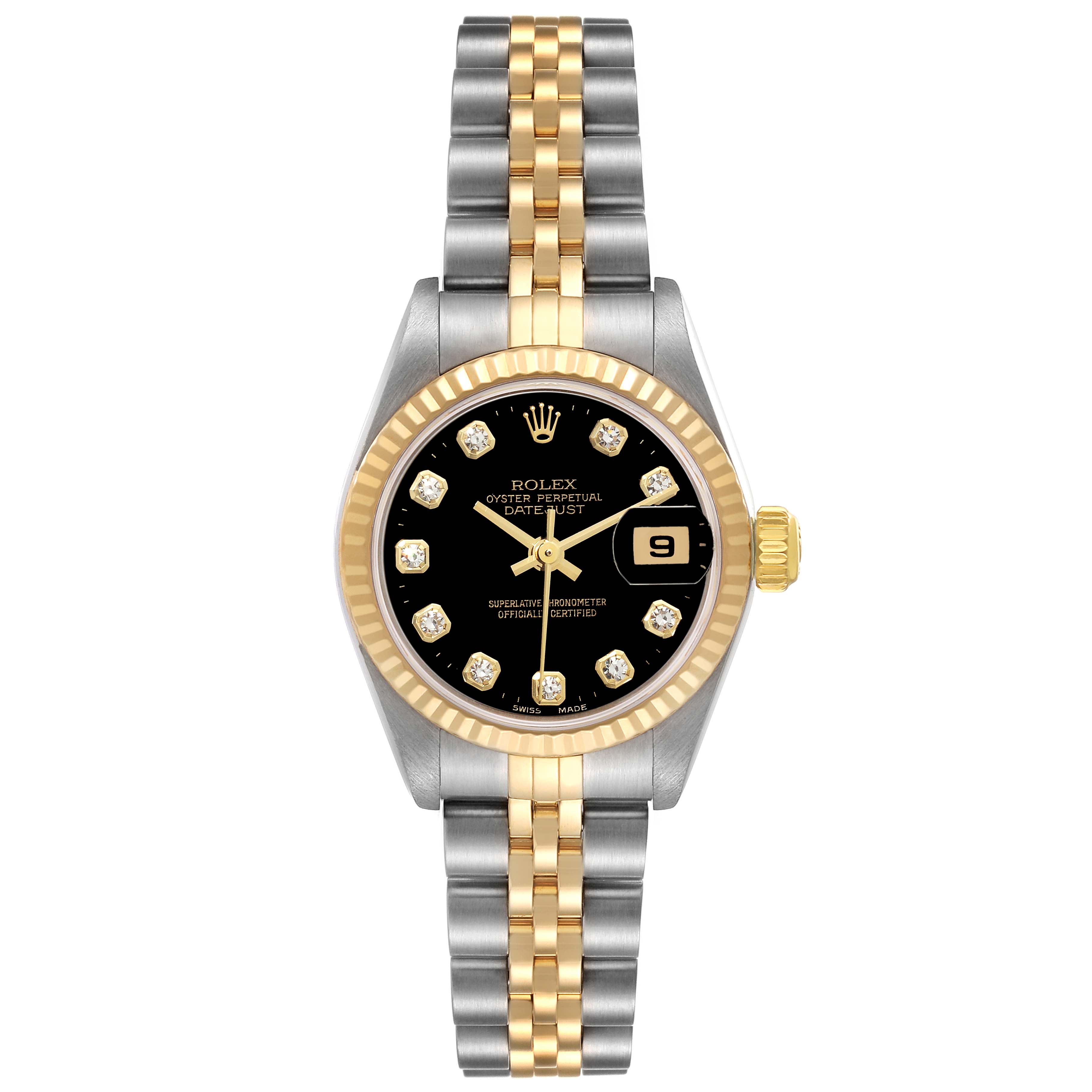 This image shows a Rolex Datejust 79173 Women's Steel and Gold (two tone) Black Dial 79173 Women's Steel and Gold (two tone) Black Dial watch, highlighting its black dial with diamond markers, two-tone Jubilee bracelet, and fluted bezel.
