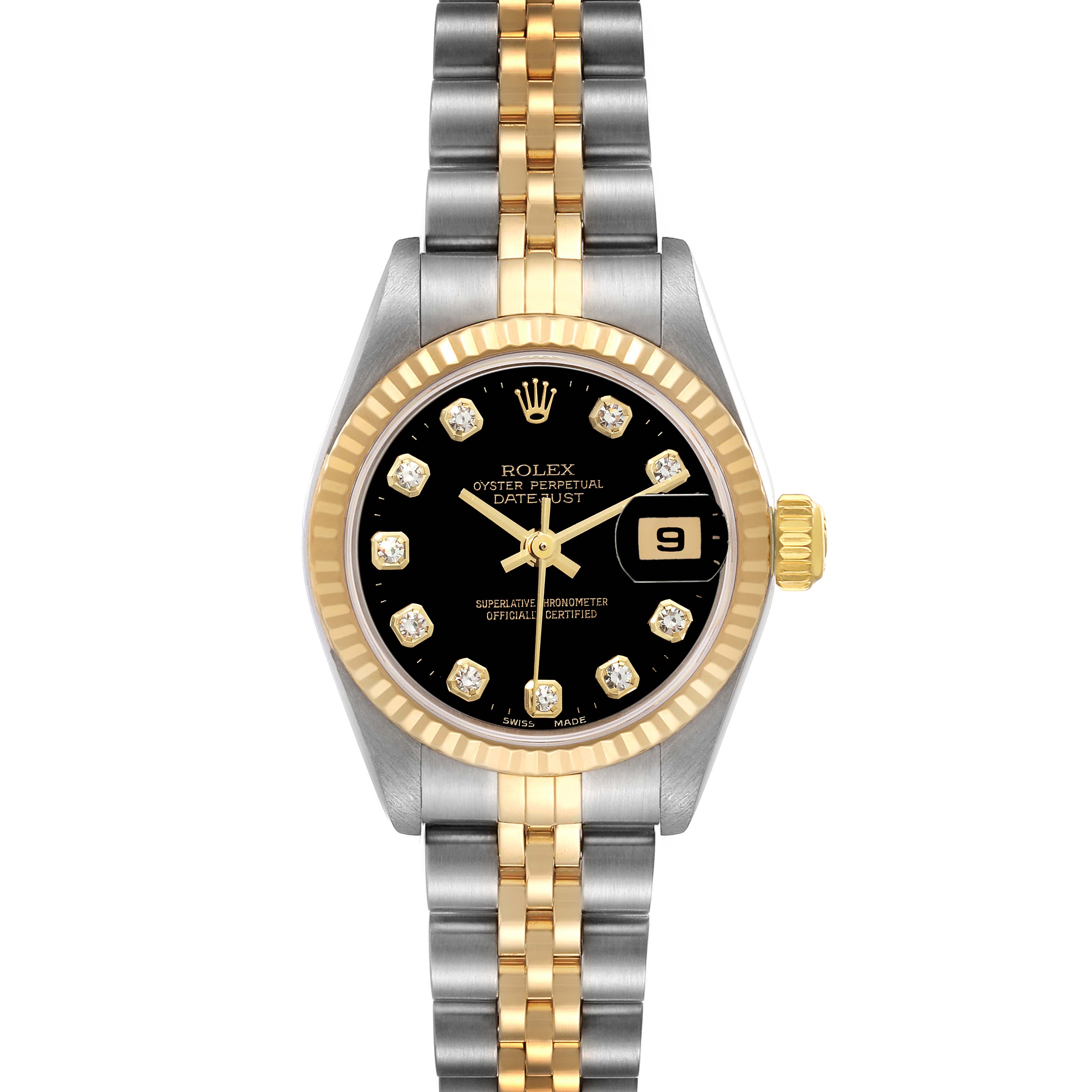 This Rolex Datejust 79173 Women's Steel and Gold (two tone) Black Dial 79173 Women's Steel and Gold (two tone) Black Dial watch is shown from a front view, displaying its black dial, gold fluted bezel, and two-tone bracelet.