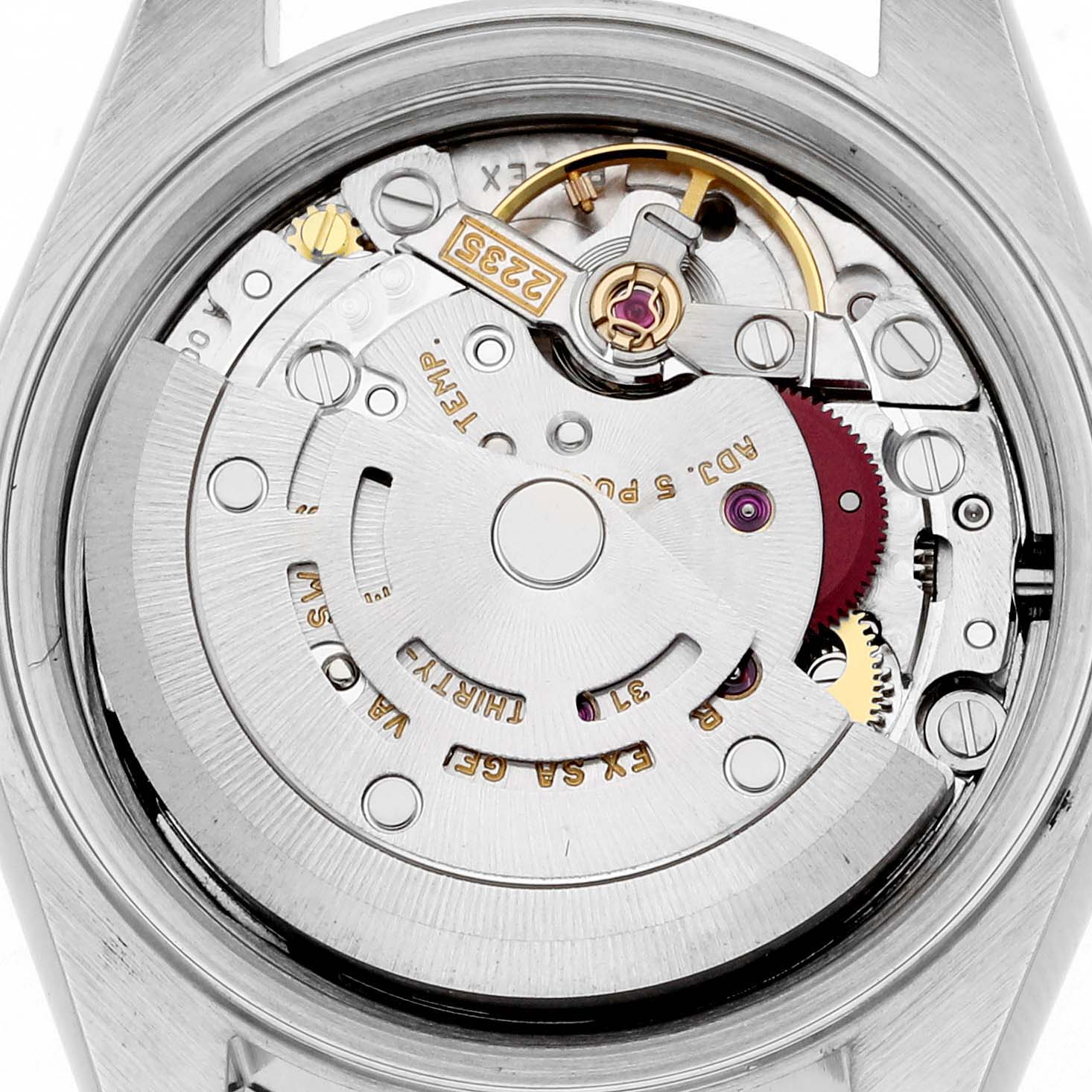 The image shows the internal movement mechanism of the Rolex Datejust 79173 Women's Steel and Gold (two tone) Black Dial 79173 Women's Steel and Gold (two tone) Black Dial watch from a top-down angle.