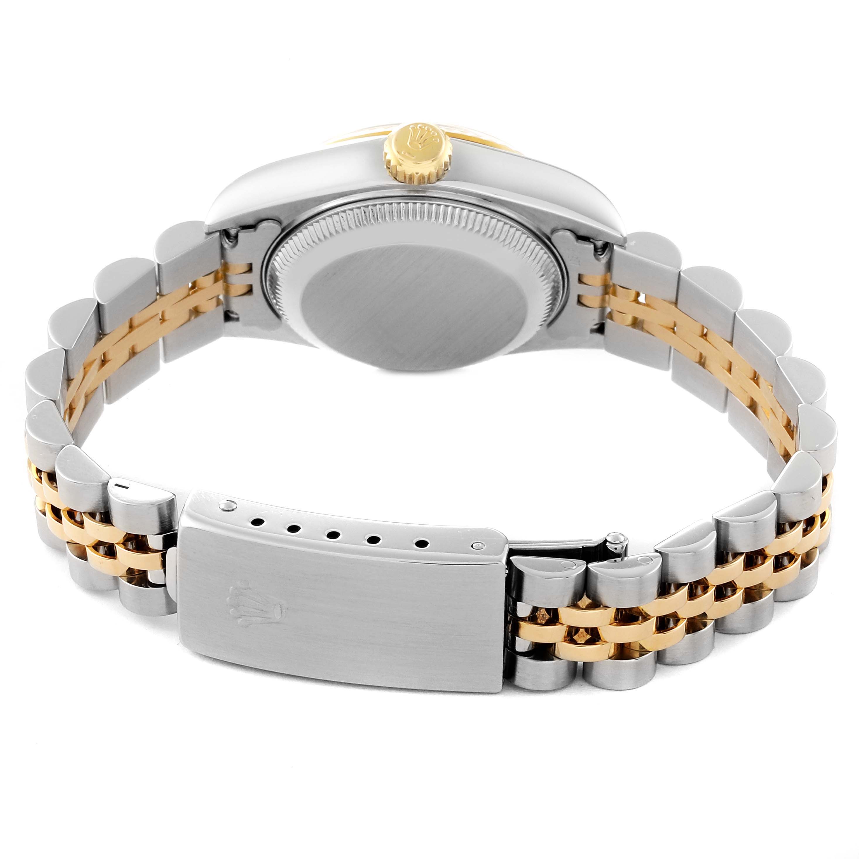 This image shows the back view of a Rolex Datejust 79173 Women's Steel and Gold (two tone) Black Dial 79173 Women's Steel and Gold (two tone) Black Dial watch, highlighting its bracelet and clasp.