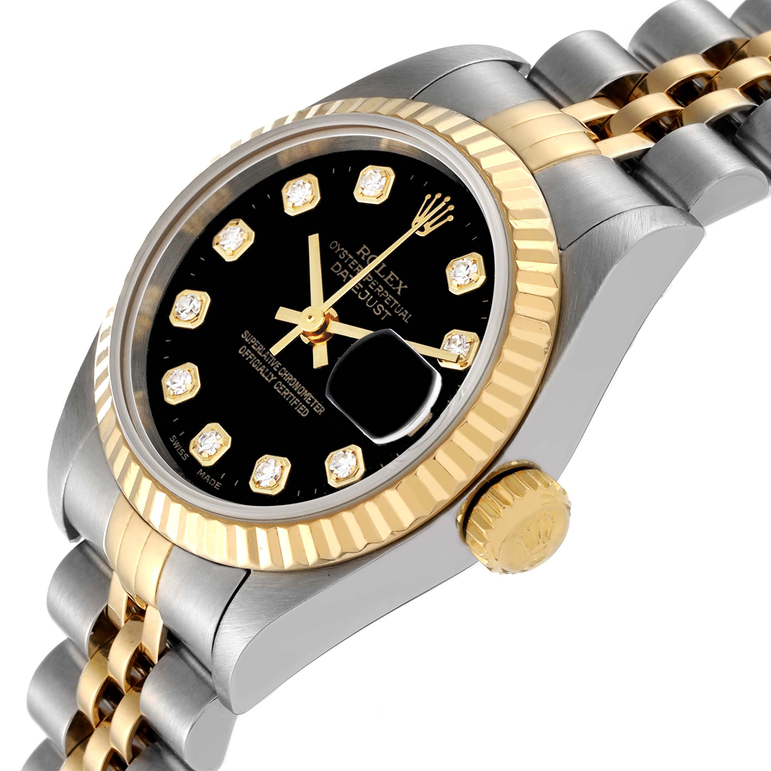 This image shows a Rolex Datejust 79173 Women's Steel and Gold (two tone) Black Dial 79173 Women's Steel and Gold (two tone) Black Dial watch at an angled view, highlighting the bezel, crown, bracelet, and part of the dial.