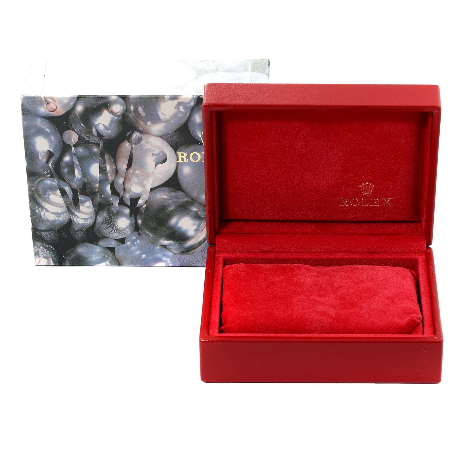 The image shows a red velvet Rolex Datejust 79173 Women's Steel and Gold (two tone) Black Dial 79173 Women's Steel and Gold (two tone) Black Dial watch box with a pillow and an outer package adorned with pearls and the Rolex logo.