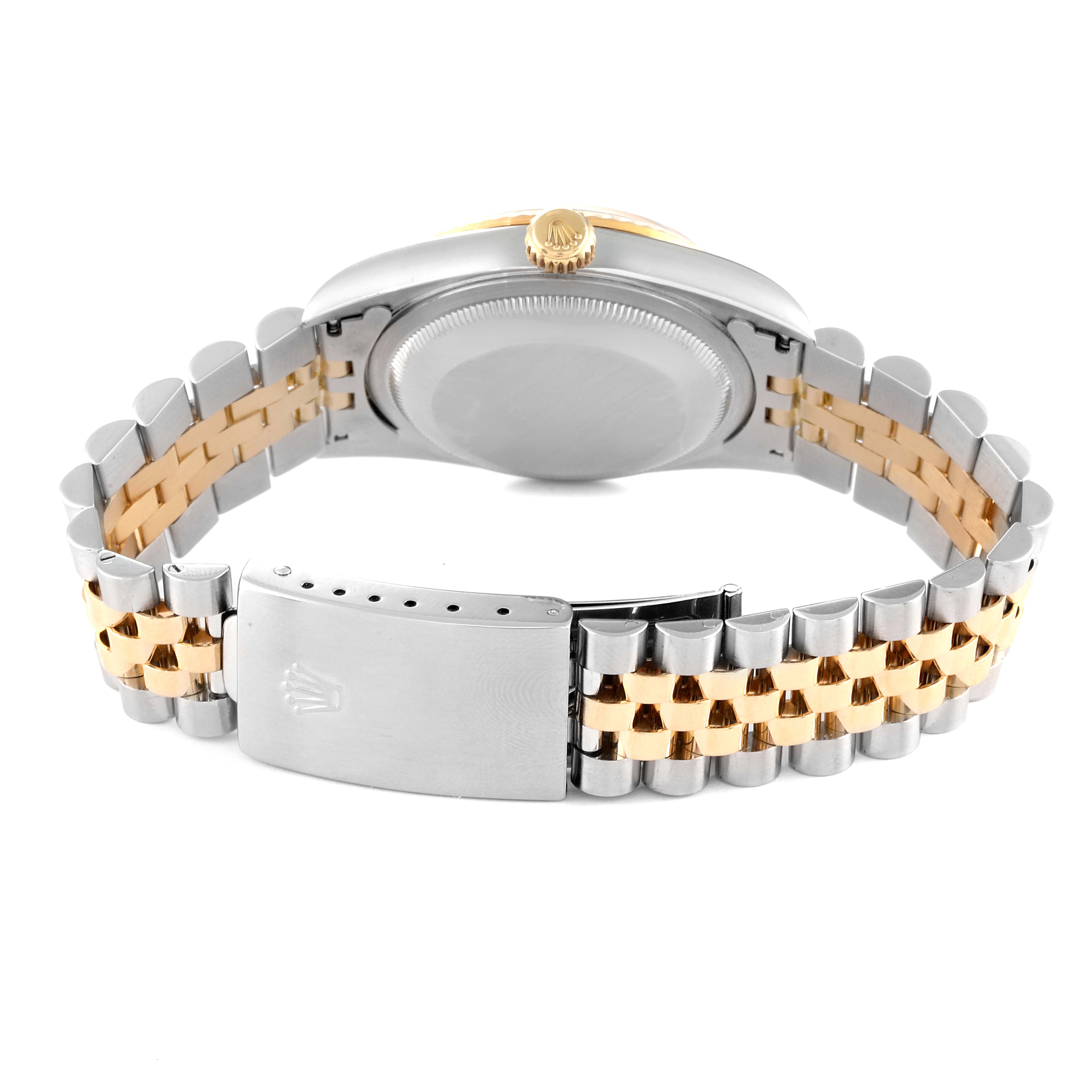 The image shows the back view of a Rolex Datejust 16233 Men's Steel and Gold (two tone) Champagne Dial 16233 Men's Steel and Gold (two tone) Champagne Dial watch, highlighting the two-tone bracelet and clasp.