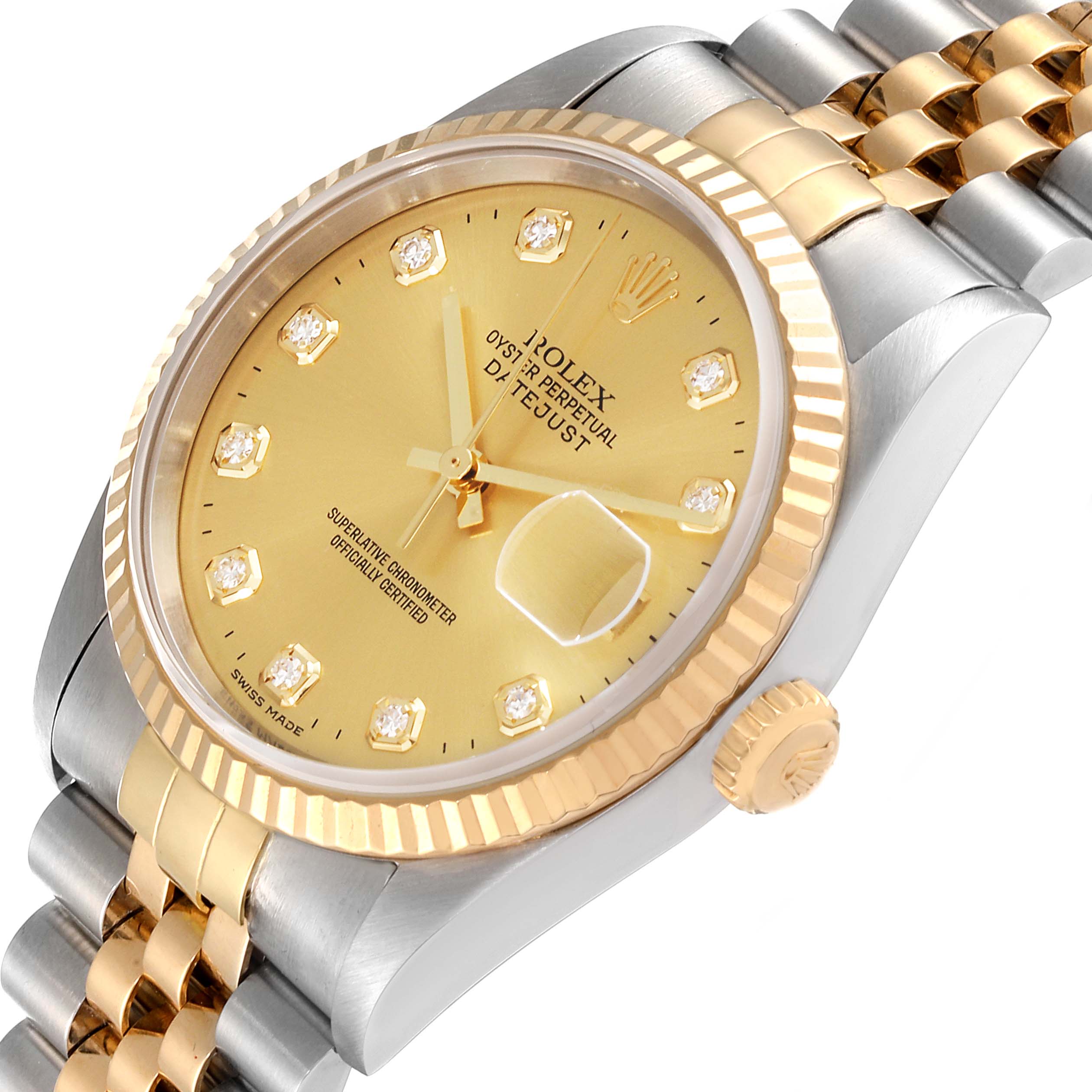The image shows a close-up view of the Rolex Datejust 16233 Men's Steel and Gold (two tone) Champagne Dial 16233 Men's Steel and Gold (two tone) Champagne Dial watch, highlighting its gold dial, fluted bezel, and part of the Jubilee bracelet.