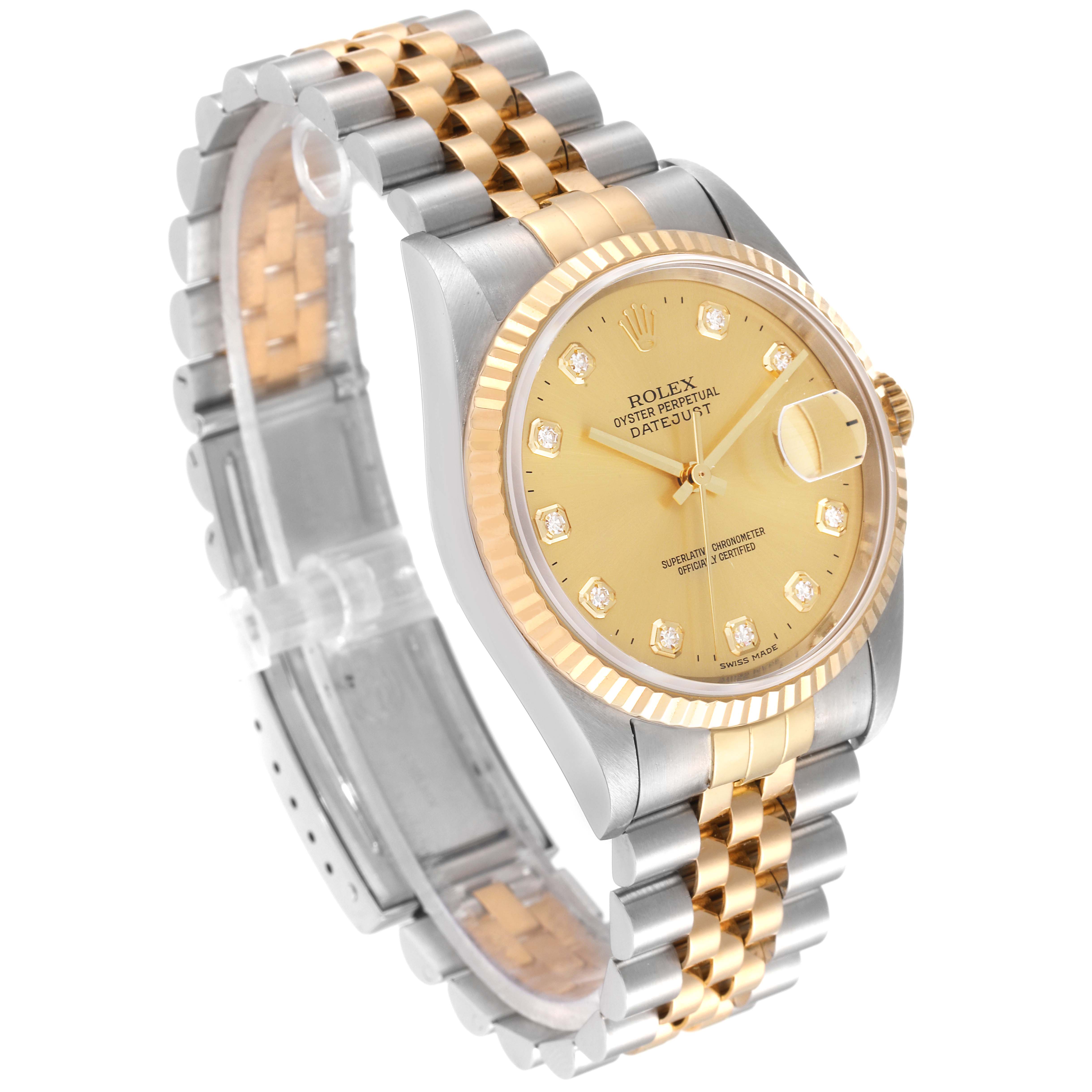 The image shows a Rolex Datejust 16233 Men's Steel and Gold (two tone) Champagne Dial 16233 Men's Steel and Gold (two tone) Champagne Dial watch with a two-tone bracelet and a gold dial, viewed at a slight angle from above.
