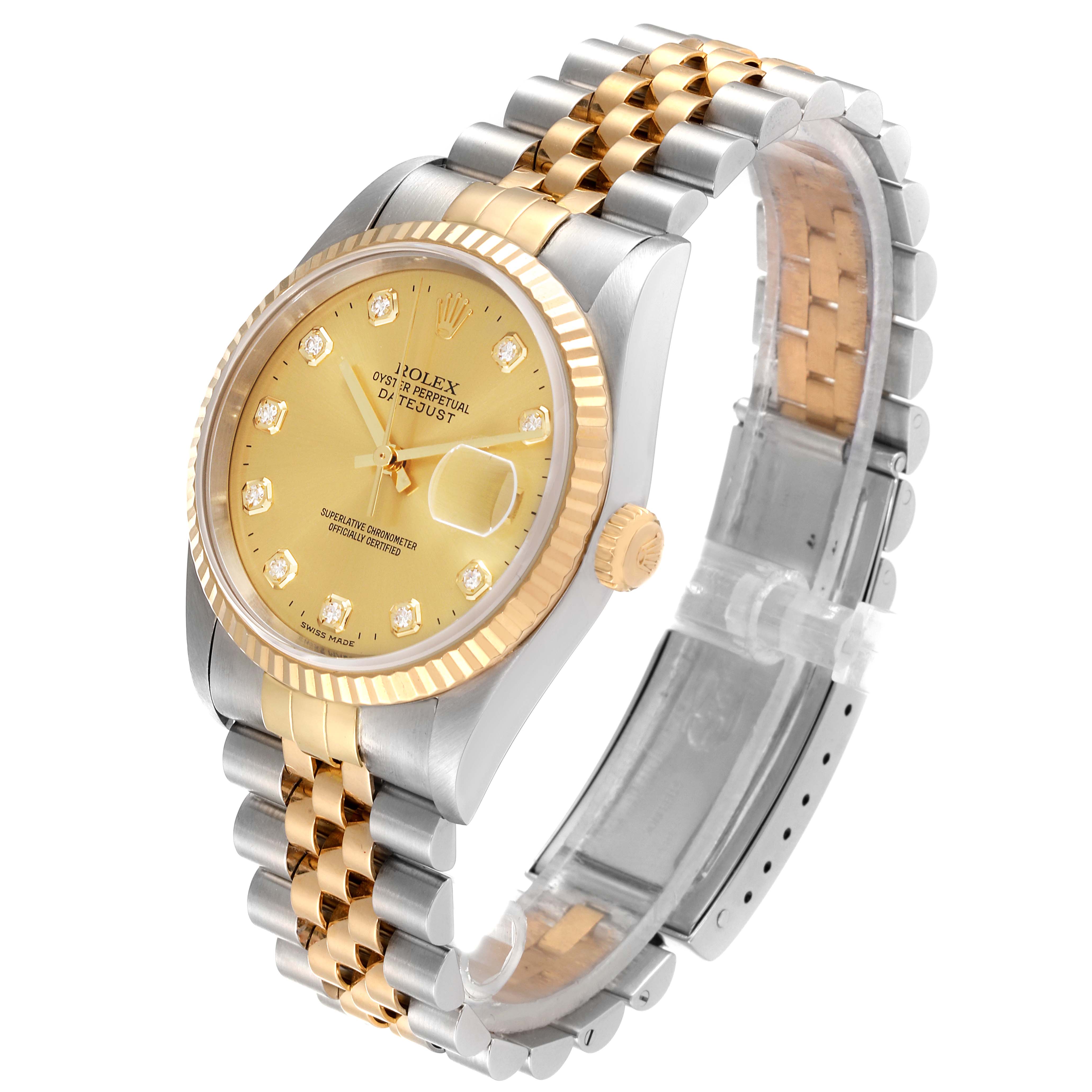 The image shows the front and side view of a Rolex Datejust 16233 Men's Steel and Gold (two tone) Champagne Dial 16233 Men's Steel and Gold (two tone) Champagne Dial watch, highlighting its gold dial, diamond markers, and two-tone bracelet.
