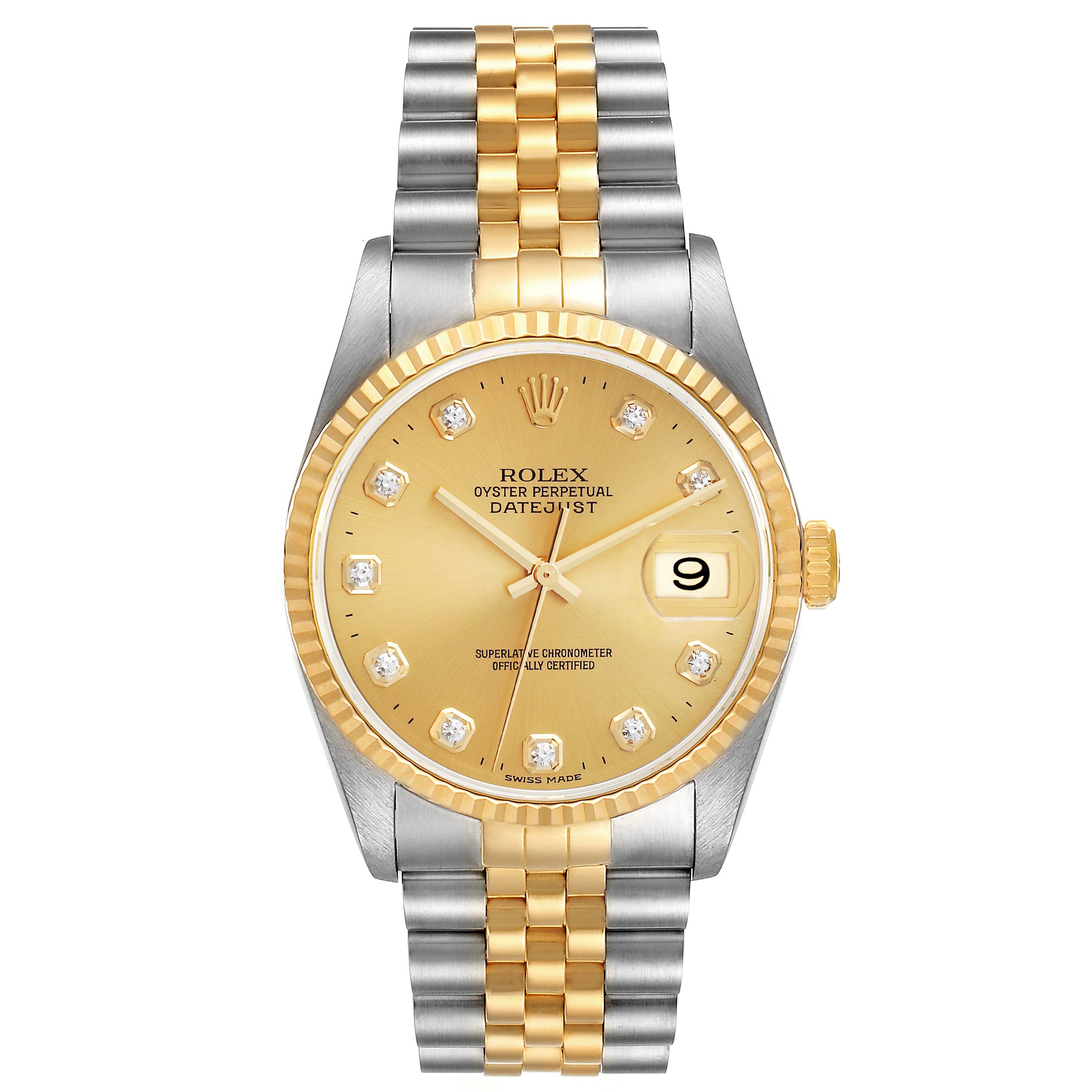 The image shows a front view of a Rolex Datejust 16233 Men's Steel and Gold (two tone) Champagne Dial 16233 Men's Steel and Gold (two tone) Champagne Dial watch, highlighting its dial, bezel, and bracelet.