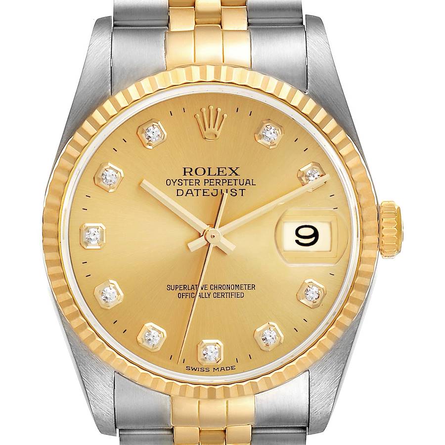 The image shows a Rolex Datejust watch from the front, highlighting the gold dial, diamond hour markers, fluted bezel, and date window.