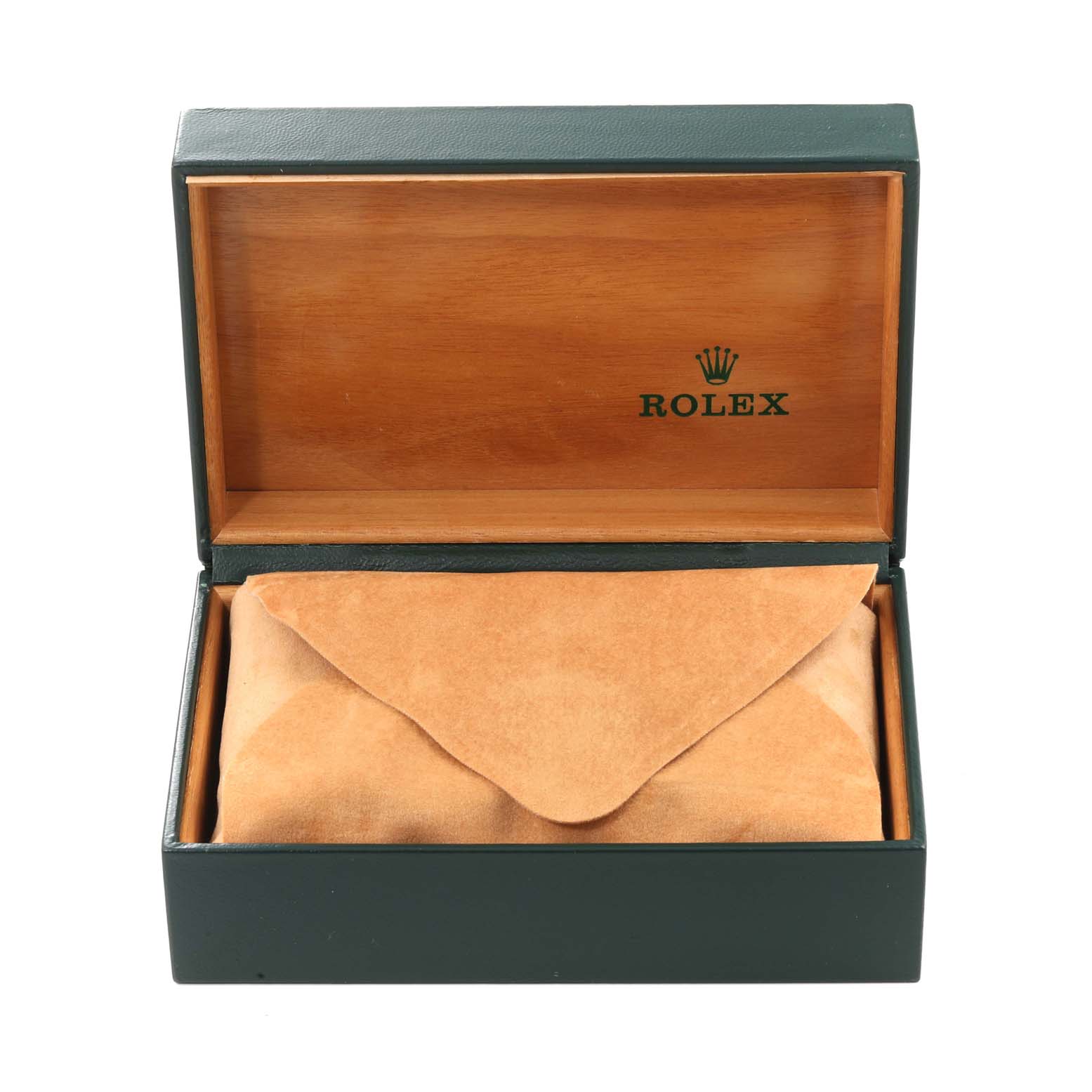 This image shows an open Rolex watch box with a suede pouch inside, designed for the Datejust model.