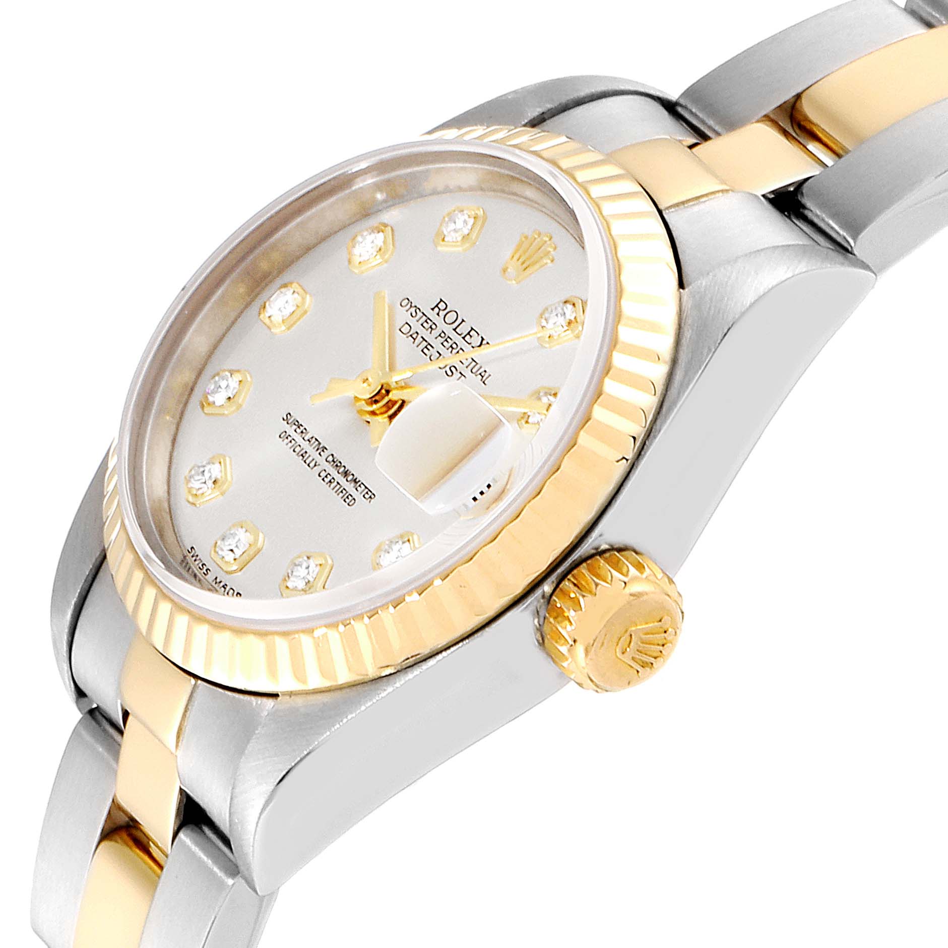 The image shows a close-up side angle of a Rolex Datejust 79173 Women's Steel and Gold (two tone) Silver Dial 79173 Women's Steel and Gold (two tone) Silver Dial watch, highlighting the crown, bezel, and part of the bracelet.