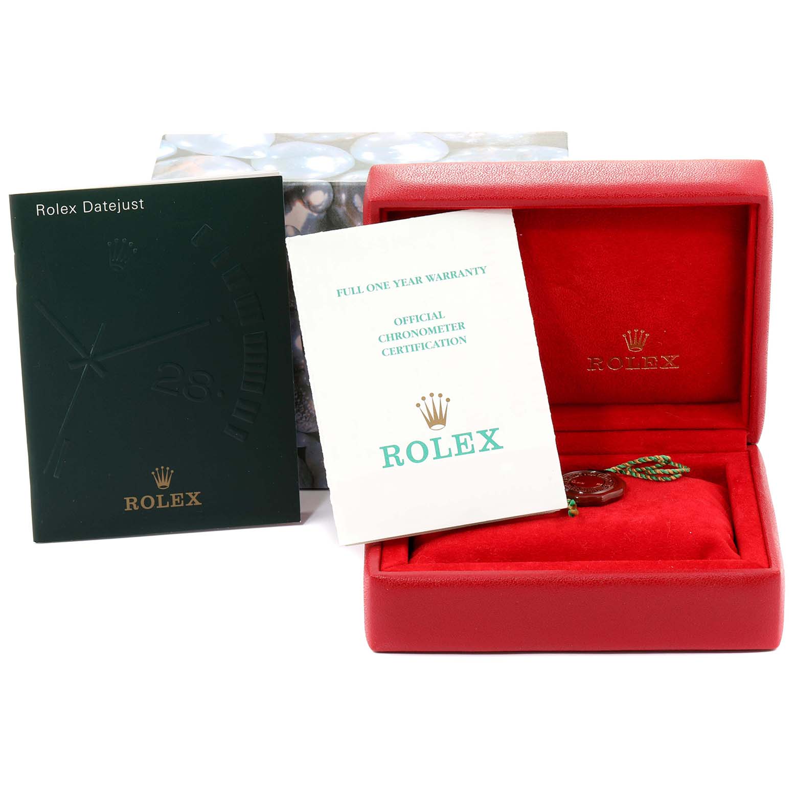 The image shows a Rolex Datejust 79173 Women's Steel and Gold (two tone) Silver Dial 79173 Women's Steel and Gold (two tone) Silver Dial watch box, warranty card, and certification booklet from a front angle.