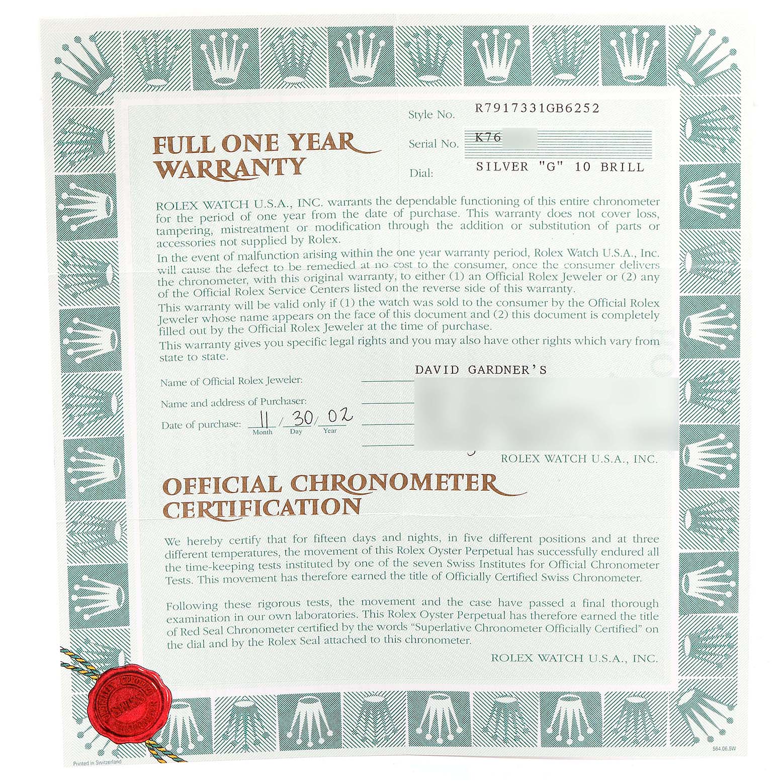 The image shows the warranty and chronometer certification for a Rolex Datejust 79173 Women's Steel and Gold (two tone) Silver Dial 79173 Women's Steel and Gold (two tone) Silver Dial model watch.