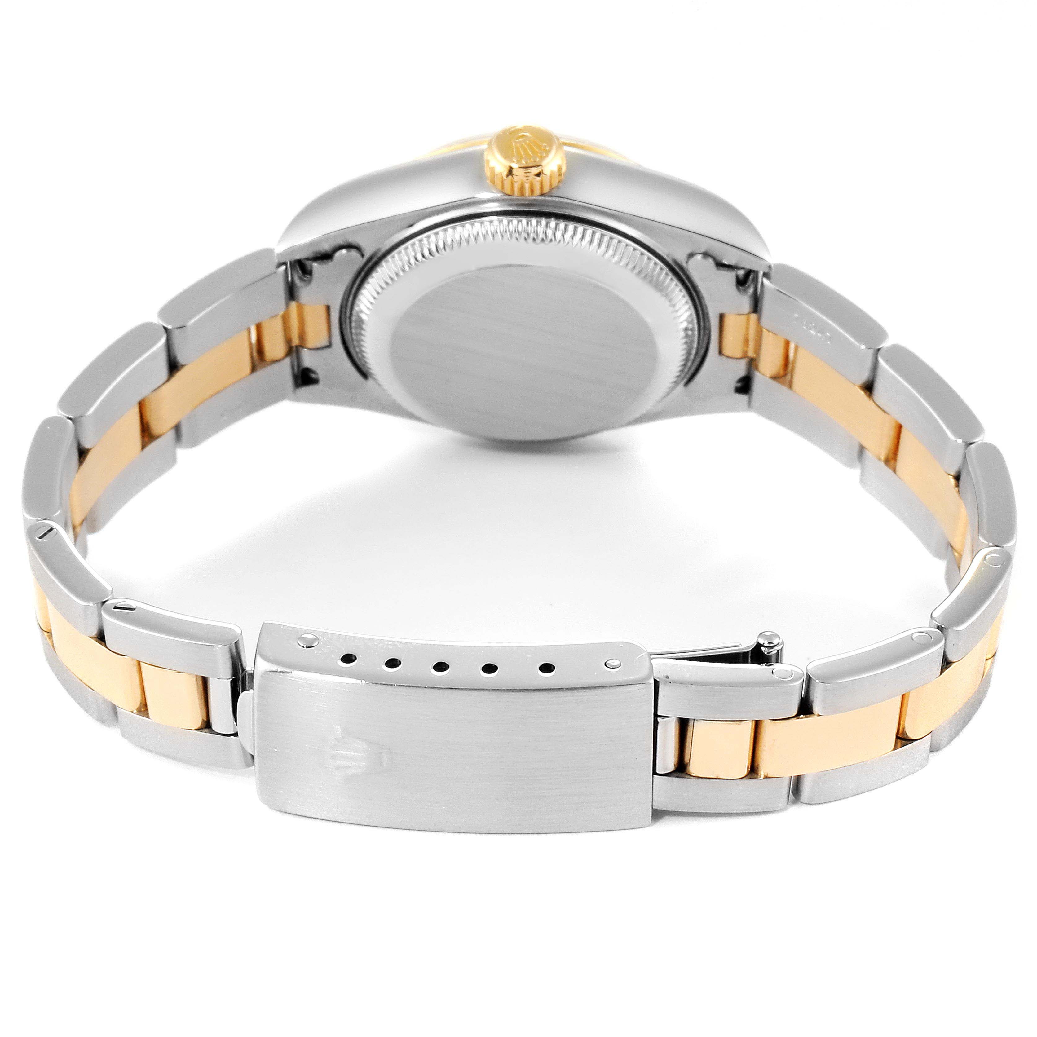 The image shows the back side of a Rolex Datejust 79173 Women's Steel and Gold (two tone) Silver Dial 79173 Women's Steel and Gold (two tone) Silver Dial watch, highlighting the clasp, bracelet, and case back.