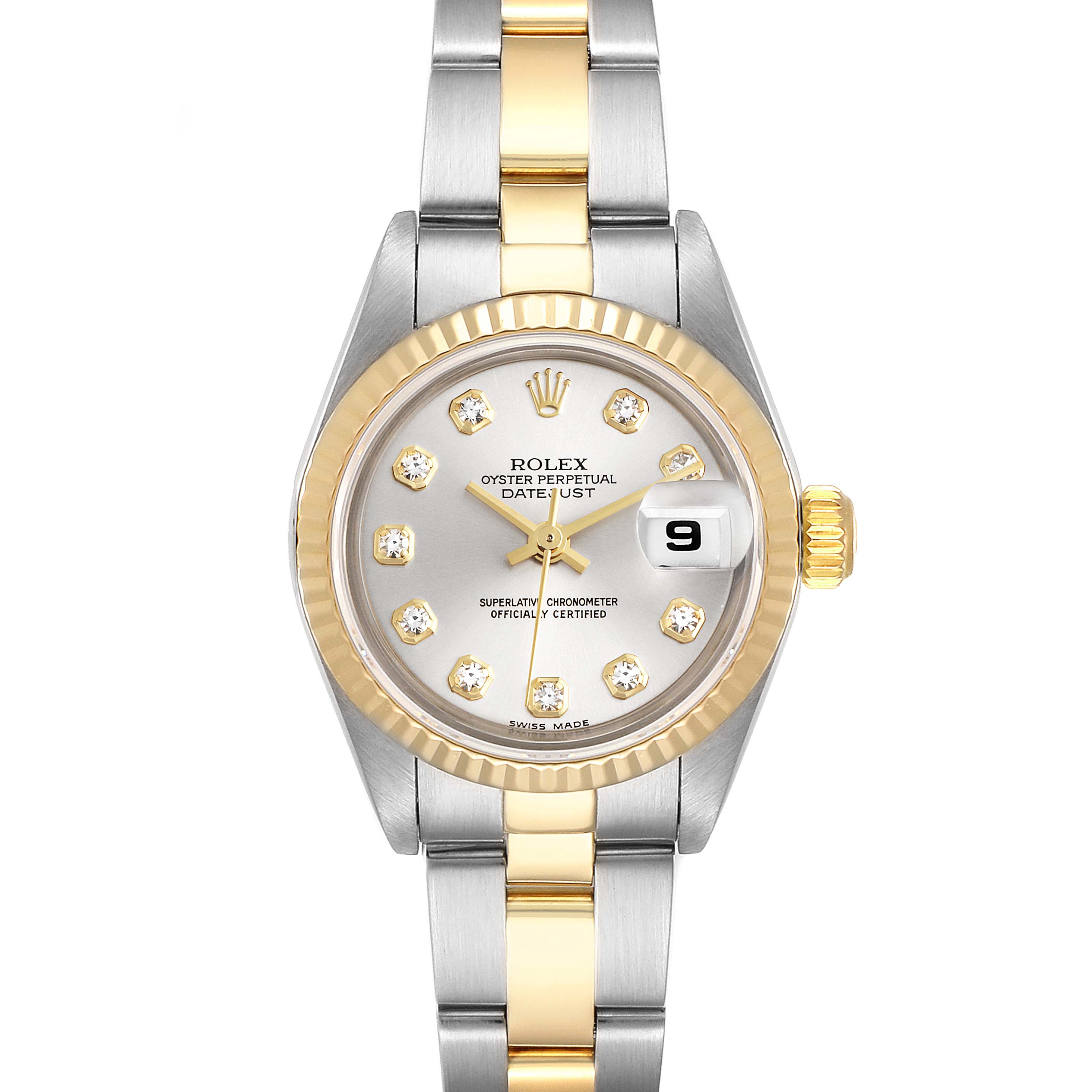 This image shows a frontal view of a Rolex Datejust 79173 Women's Steel and Gold (two tone) Silver Dial 79173 Women's Steel and Gold (two tone) Silver Dial watch featuring a two-tone bracelet and a silver dial with diamond hour markers.