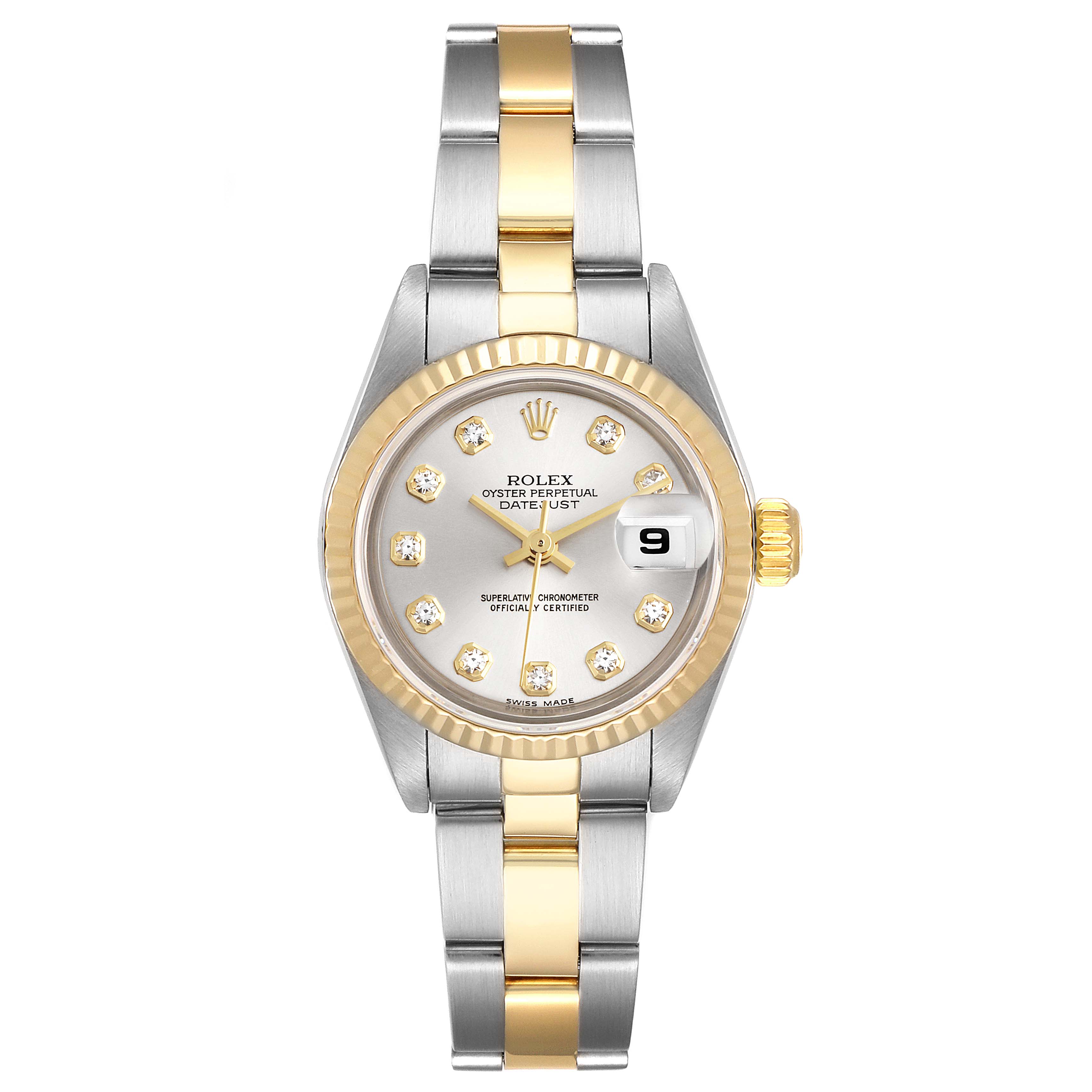 The image shows a front view of a Rolex Datejust 79173 Women's Steel and Gold (two tone) Silver Dial 79173 Women's Steel and Gold (two tone) Silver Dial watch, displaying the dial, bezel, crown, and bracelet.